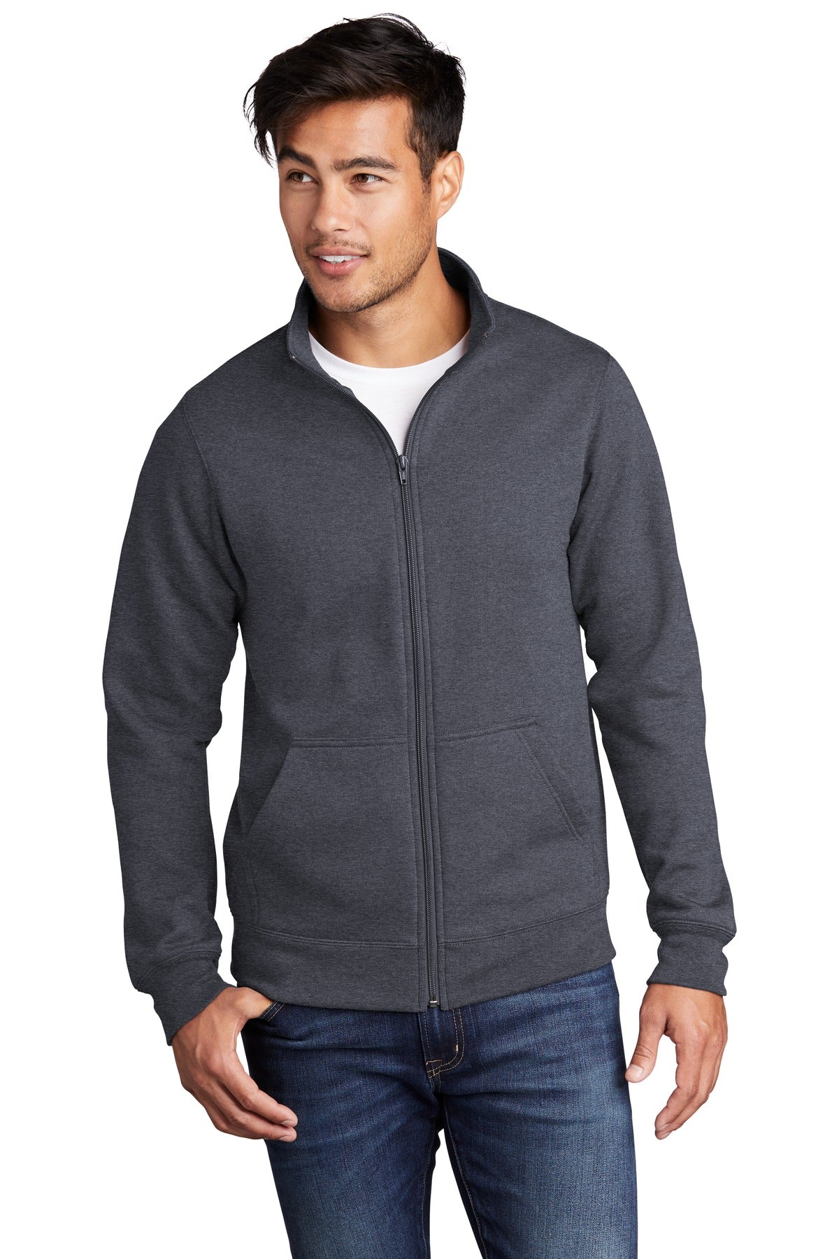 Front View of Heather Navy Port & Company Core Fleece Cadet Full-Zip Sweatshirt PC78FZ