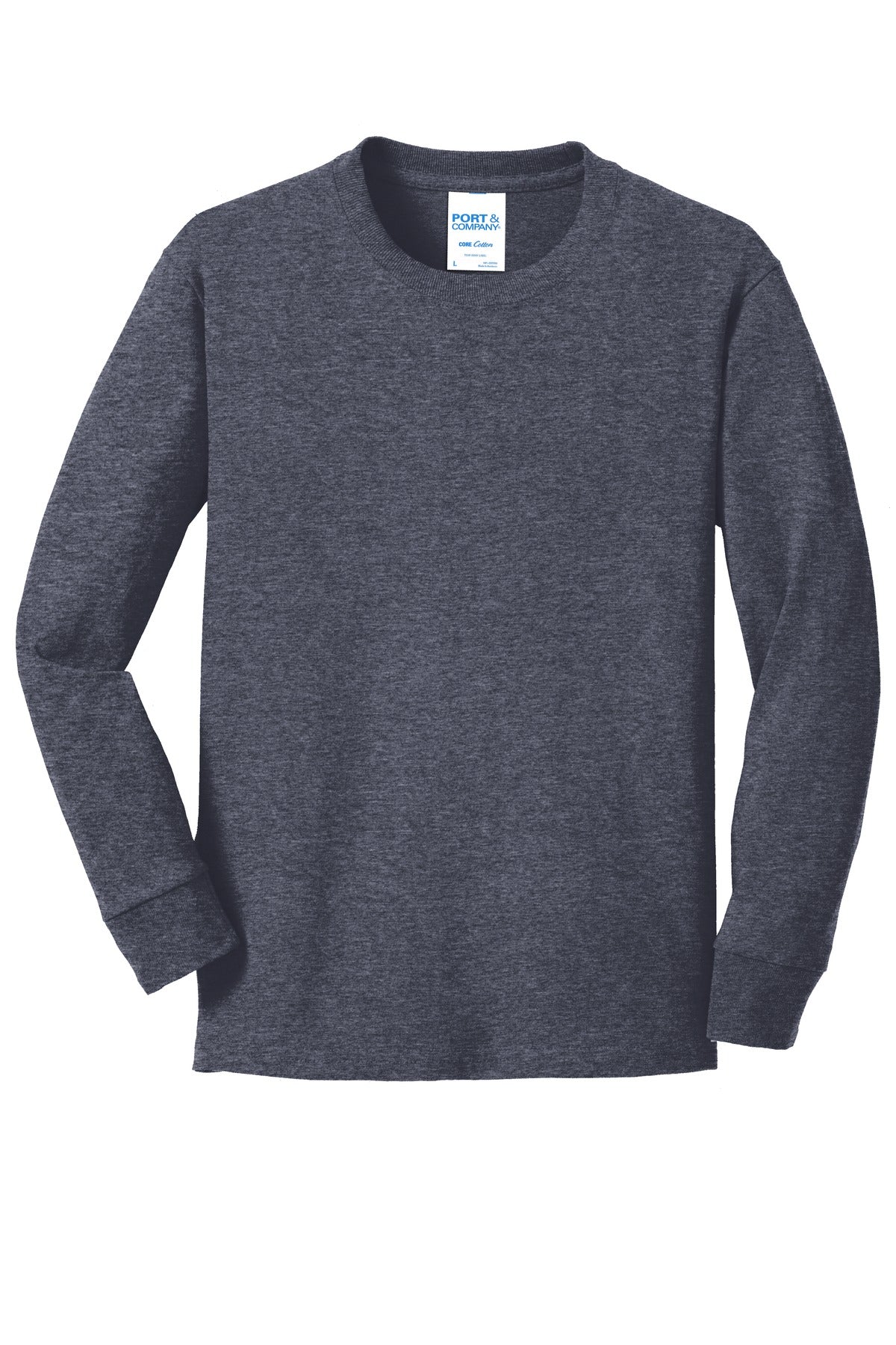 Front View of Heather Navy Port & Company Youth Long Sleeve Core Cotton Tee. PC54YLS