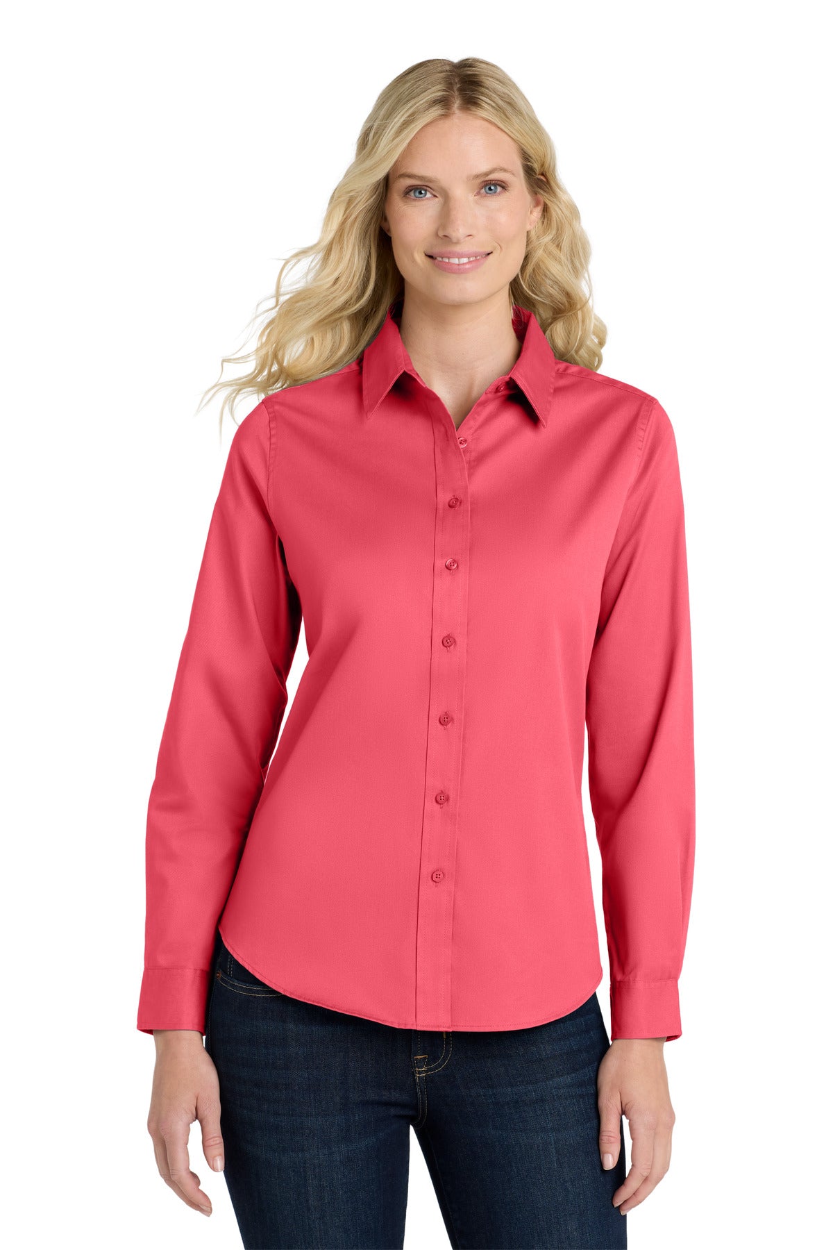 Front View of Hibiscus Port Authority Women's Long Sleeve Easy Care Shirt. L608