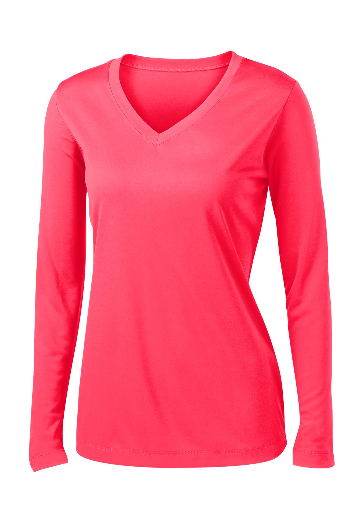 Front View of Hot Coral Sport-Tek Women's Long Sleeve PosiCharge Competitor V-Neck Tee. LST353LS