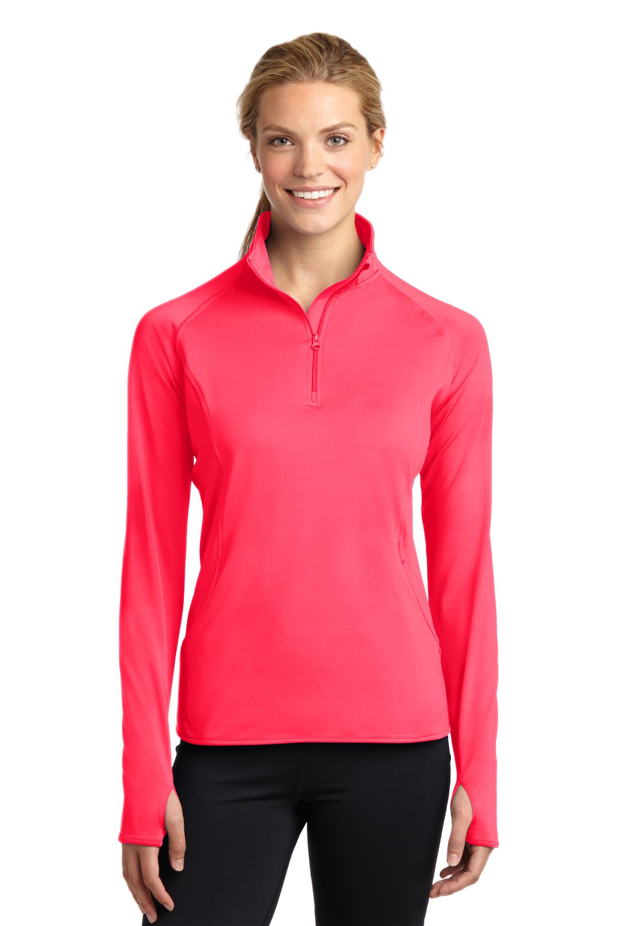 Front View of Hot Coral Sport-Tek Women's Sport-Wick Stretch 1/4-Zip Pullover. LST850