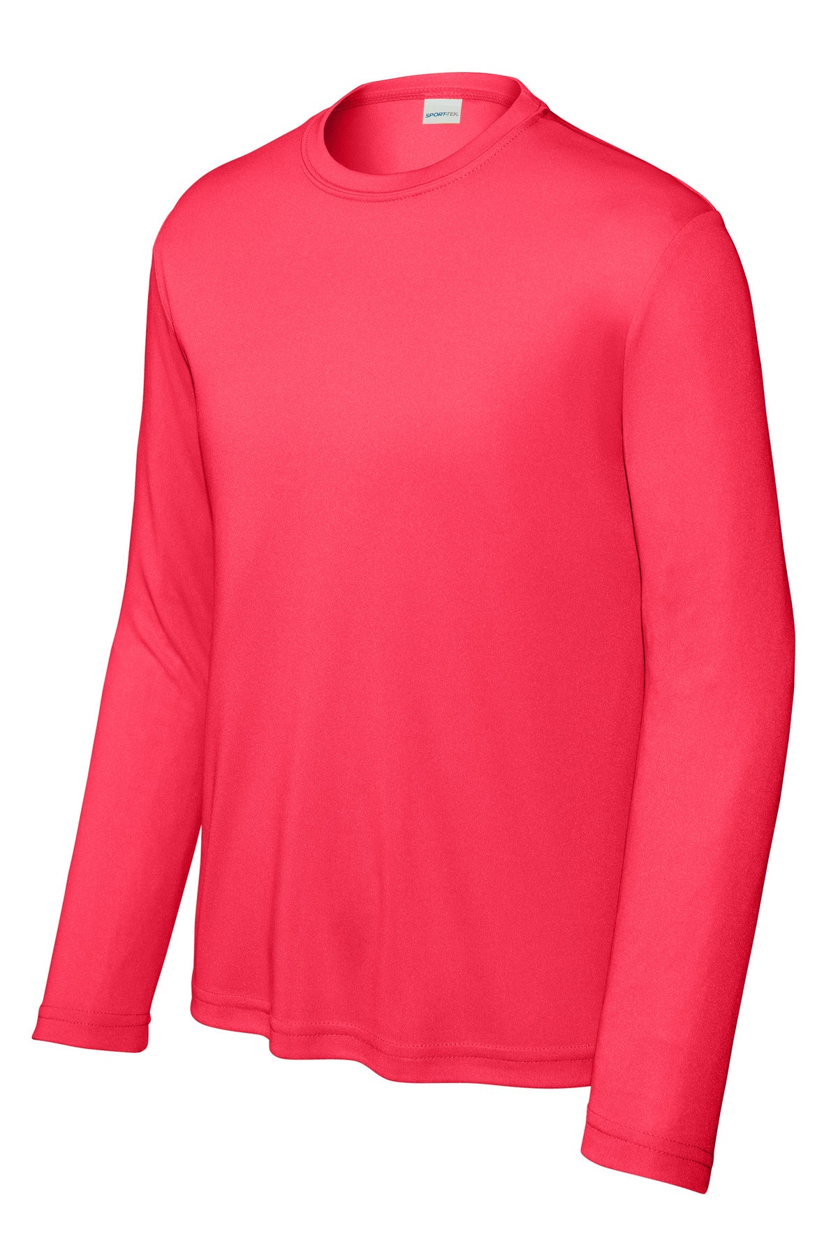 Front View of Hot Coral Sport-Tek Youth Long Sleeve PosiCharge Competitor Tee. YST350LS