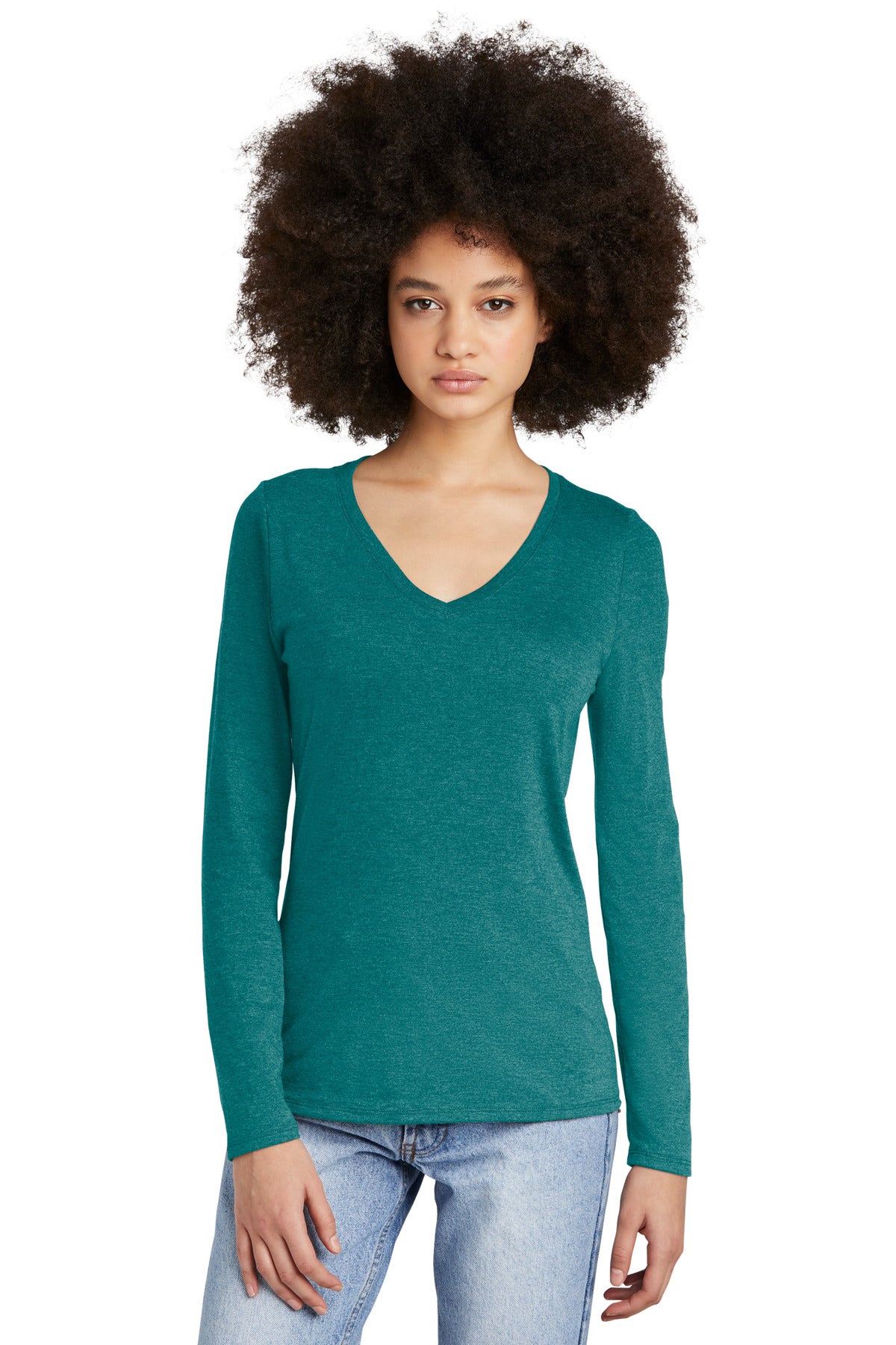 Front View of HtdTeal District Women's Perfect Tri Long Sleeve V-Neck Tee DT135