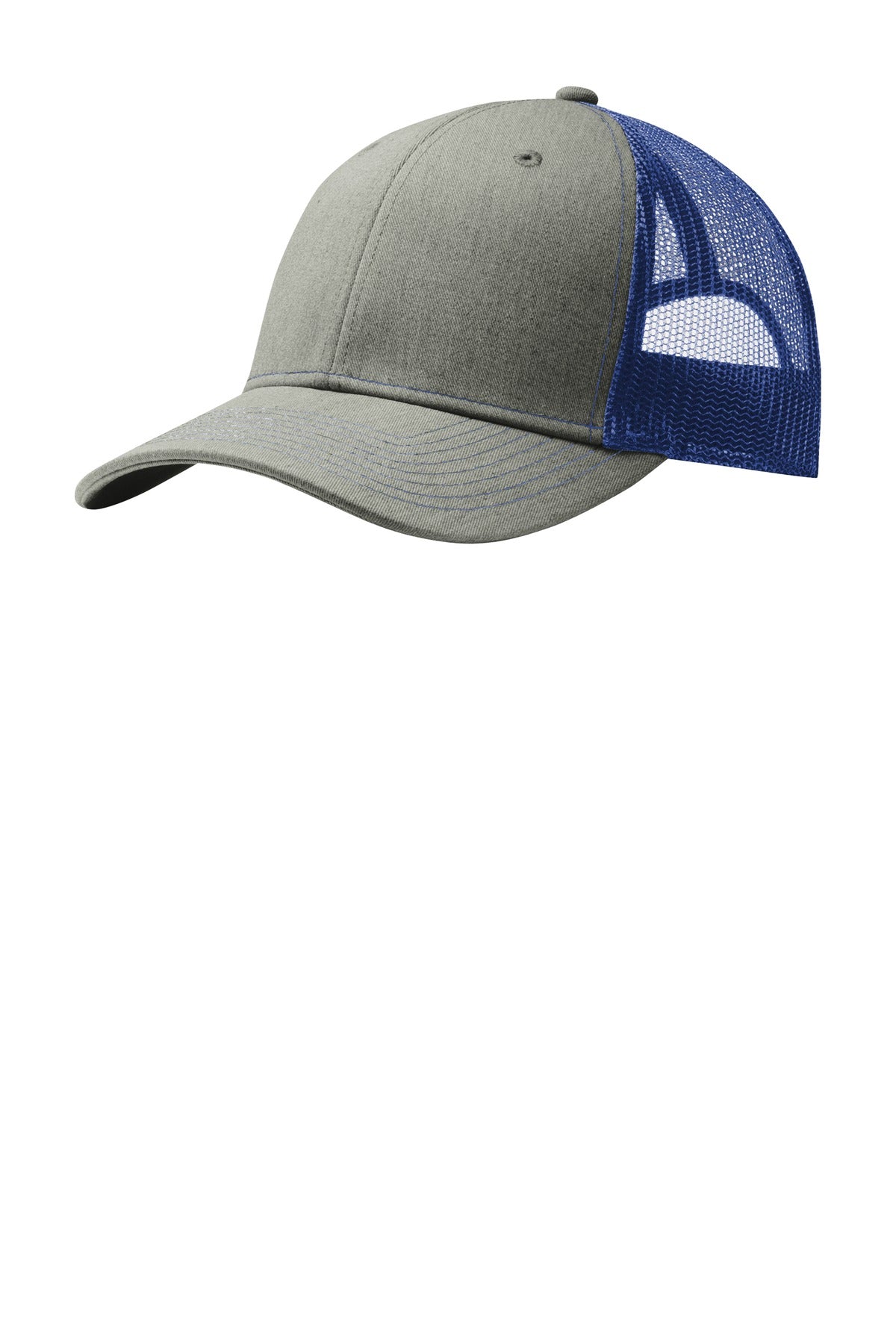 Front View of Hthr Gry/Pa Bl Port Authority Snapback Trucker Cap. C112