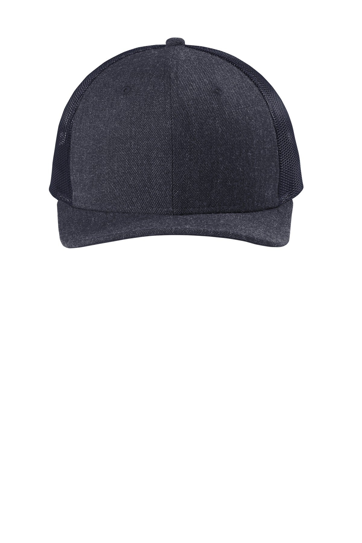 Front View of Hthr Navy/Navy New Era Snapback Low Profile Trucker Cap NE207