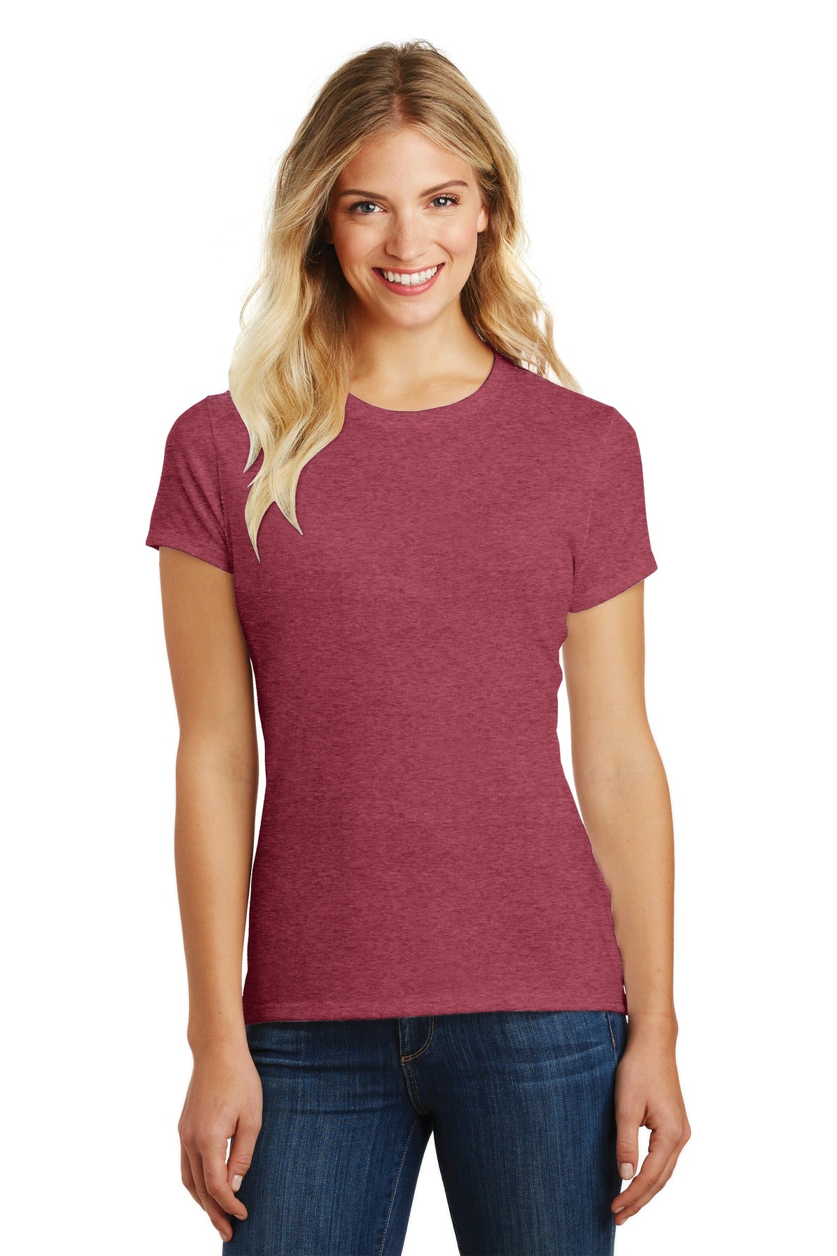Front View of Hthr Red District Women's Perfect Blend CVC Tee. DM108L