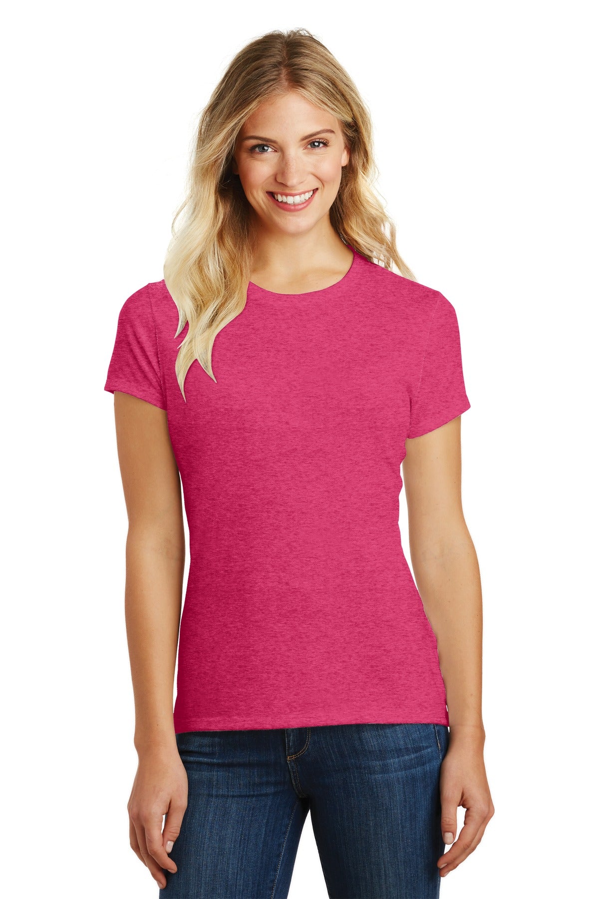 Front View of Hthr Watermlon District Women's Perfect Blend CVC Tee. DM108L