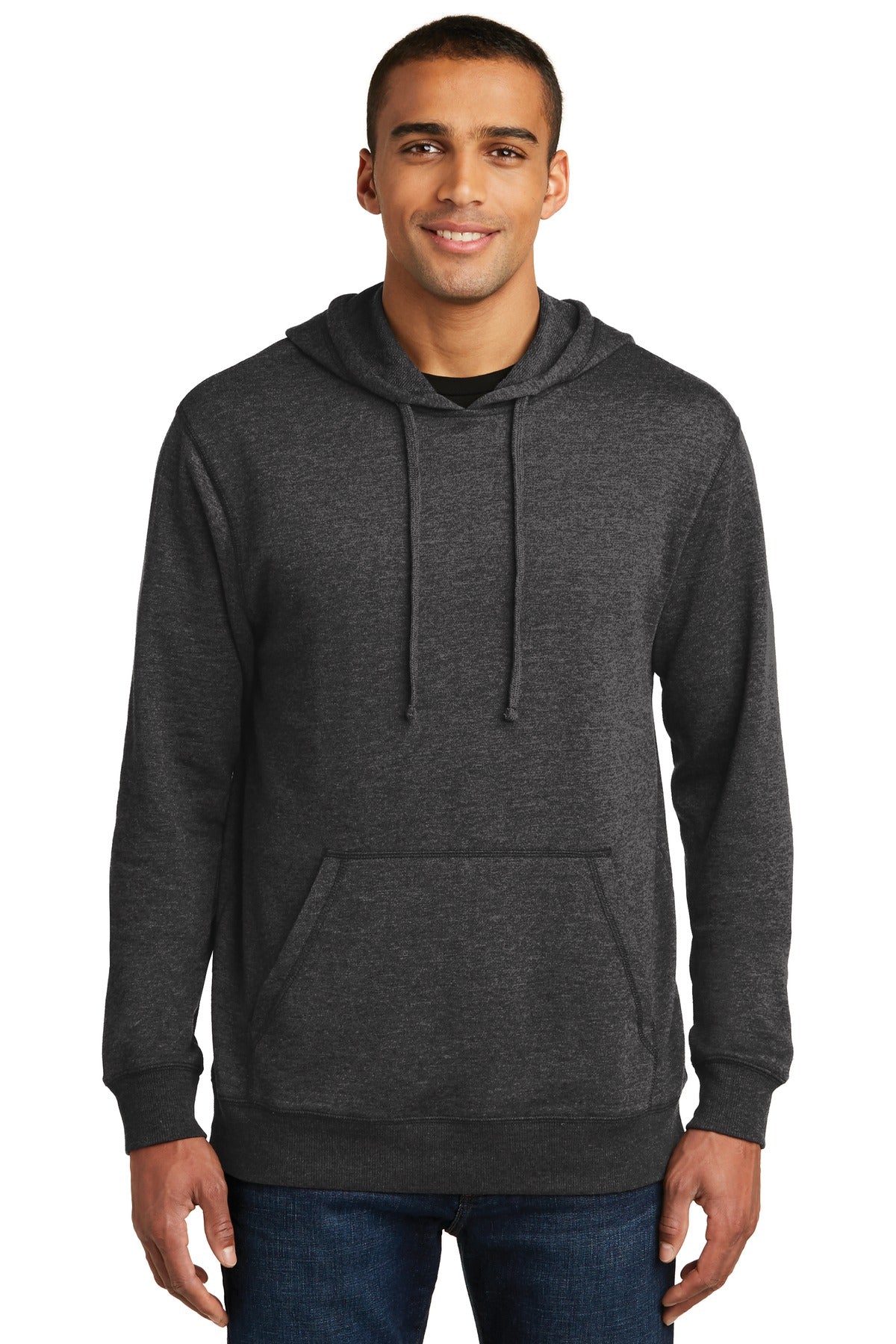 Front View of Hthrd Black District Lightweight Fleece Hoodie. DM391