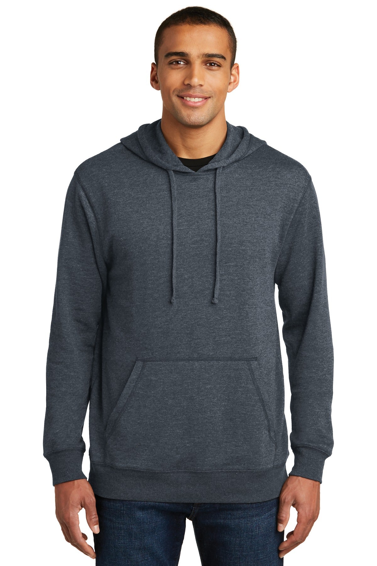 Front View of Hthrd Navy District Lightweight Fleece Hoodie. DM391
