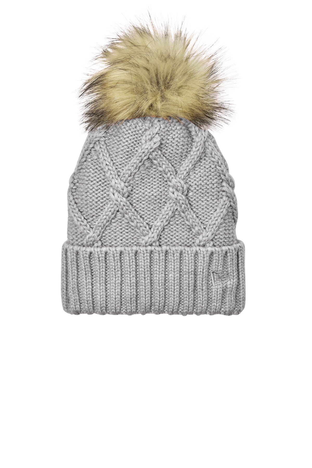 Front View of HthrGrey New Era Faux Fur Pom Beanie NE911