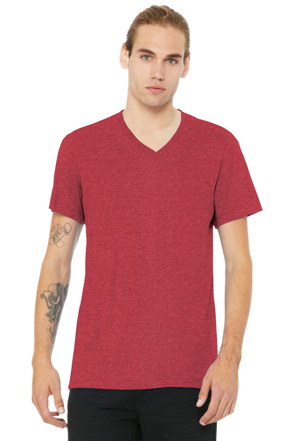 Front View of HthrRed BELLA+CANVAS Unisex Heather CVC V-Neck Tee BC3005CVC