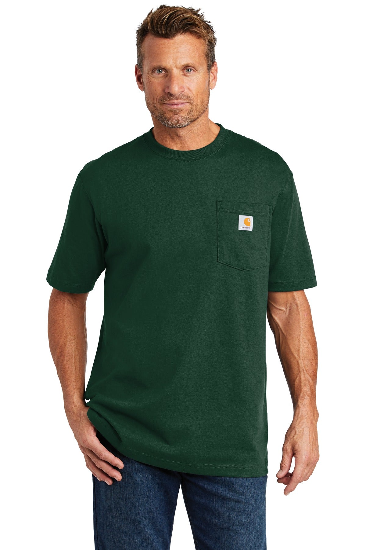 Front View of Hunter Green Carhartt Tall Workwear Pocket Short Sleeve T-Shirt. CTTK87