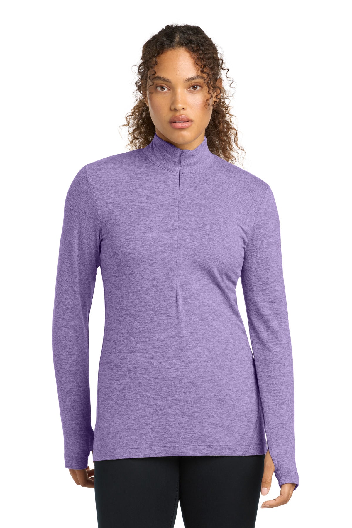 Front View of Hyacinth Hthr Sport-Tek Women's Exchange 1.5 Long Sleeve 1/2-Zip LST711