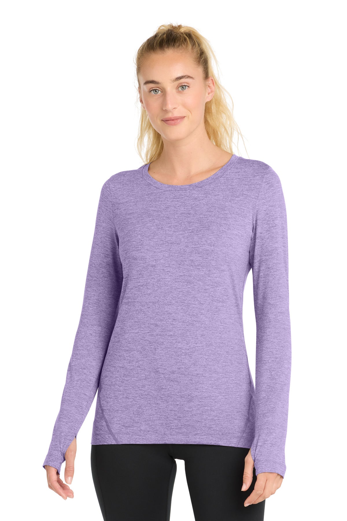 Front View of Hyacinth Hthr Sport-Tek Women's Exchange 1.5 Long Sleeve Crew LST710