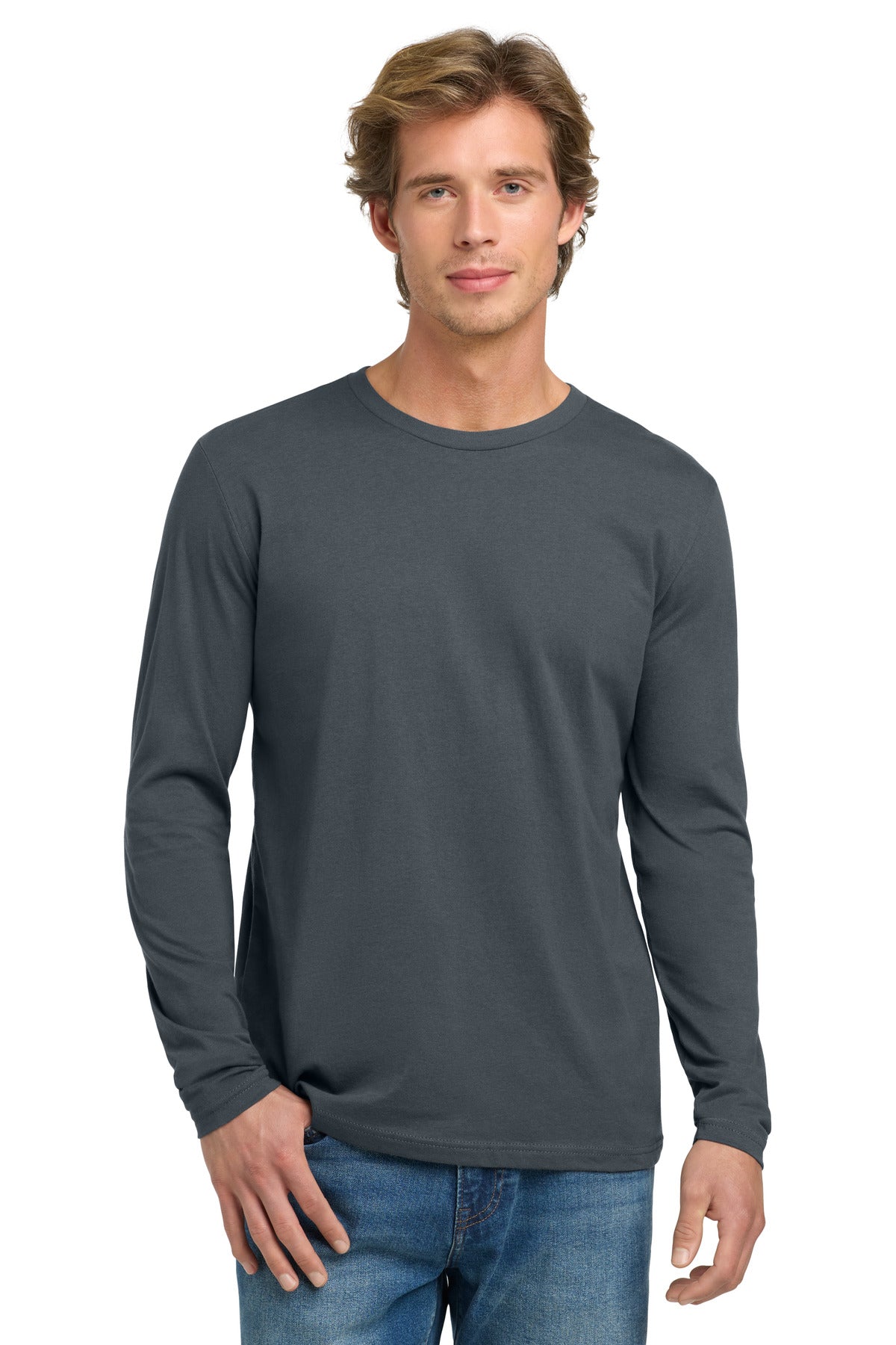 Front View of Indigo Next Level Apparel Cotton Long Sleeve Tee. NL3601