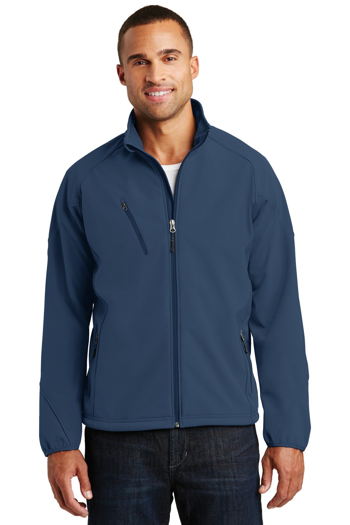 Front View of Insignia Blue Port Authority Textured Soft Shell Jacket. J705