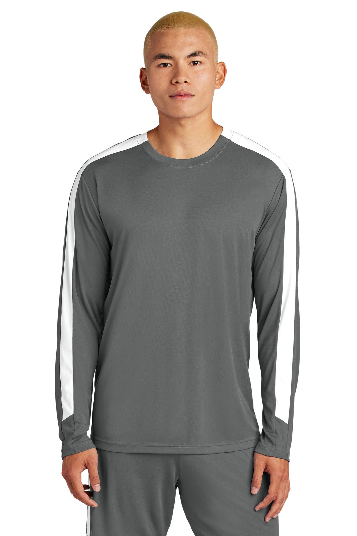Front View of IrGy/White Sport-Tek Competitor United Long Sleeve Crew ST100LS