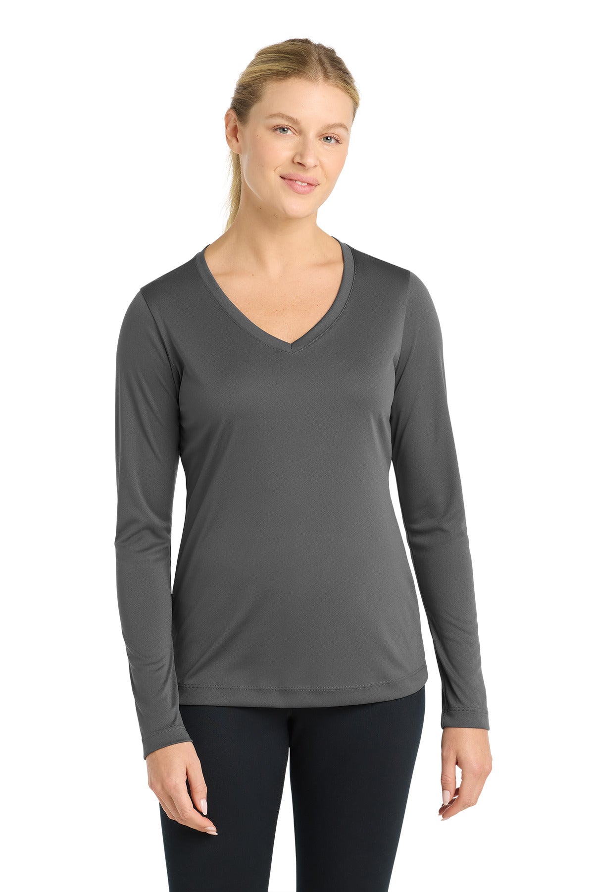 Front View of Iron Grey Sport-Tek Women's Long Sleeve PosiCharge Competitor V-Neck Tee. LST353LS