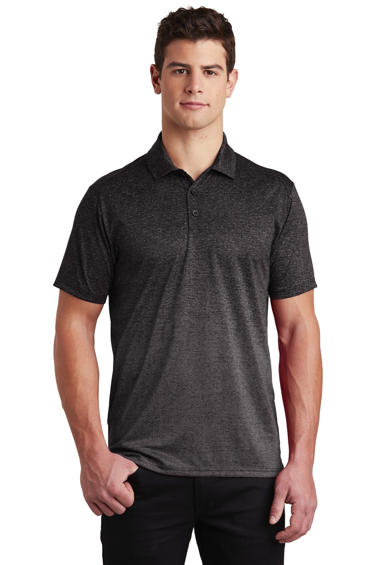 Front View of Iron Grey/Blk Sport-Tek Ombre Heather Polo. ST671