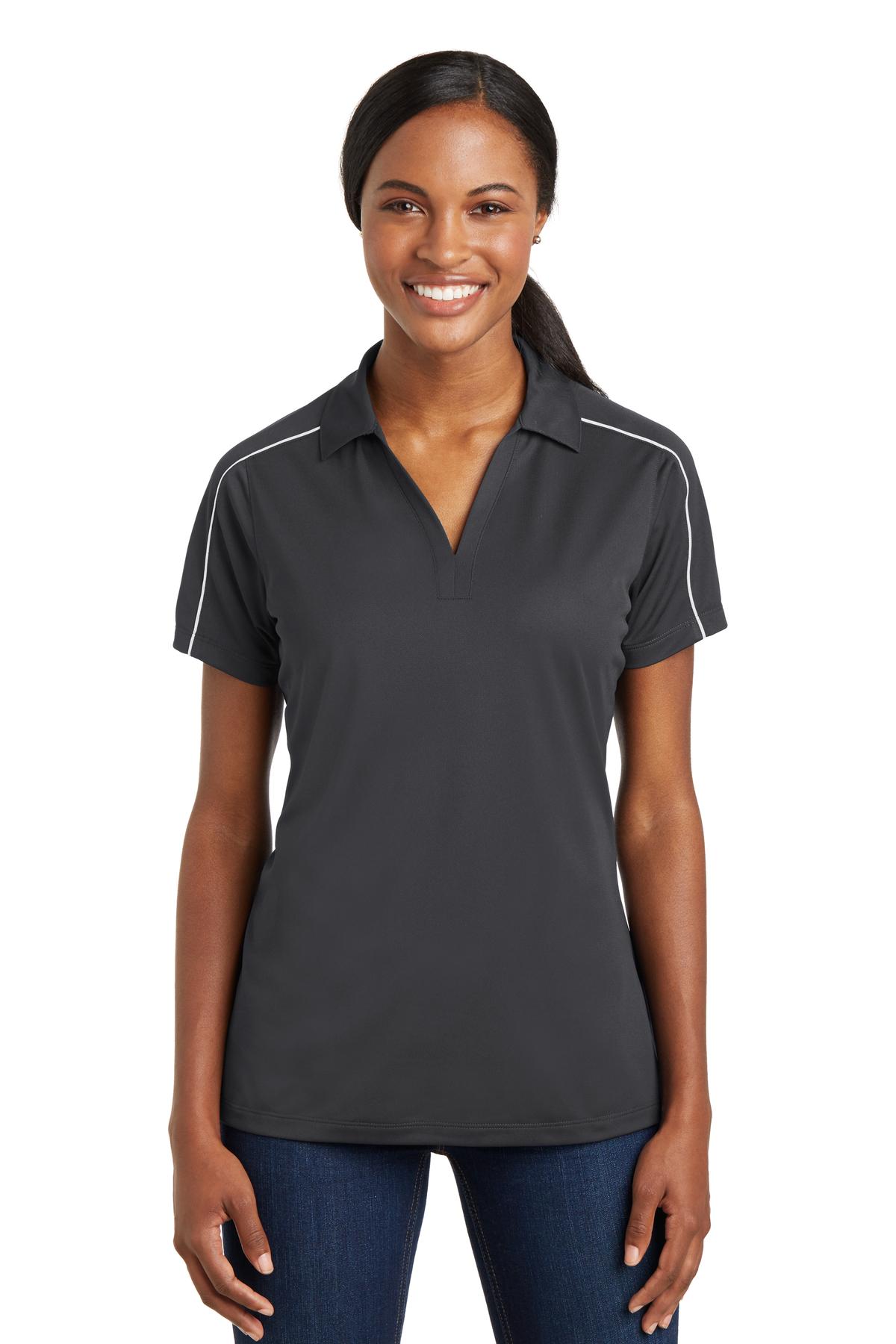 Front View of Iron Grey/Wht Sport-Tek Women's Micropique Sport-Wick Piped Polo. LST653