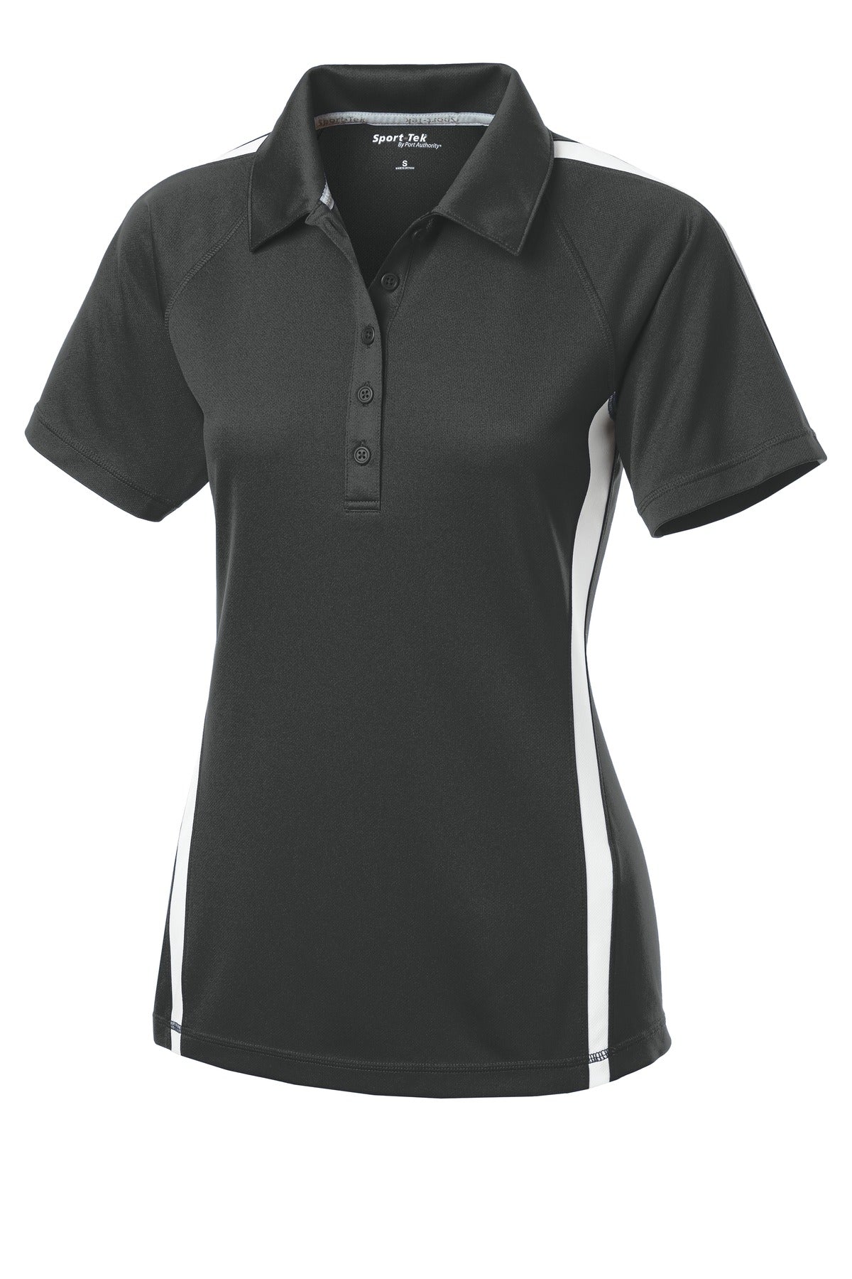 Front View of Iron Grey/Wht Sport-Tek Women's PosiCharge Micro-Mesh Colorblock Polo. LST685