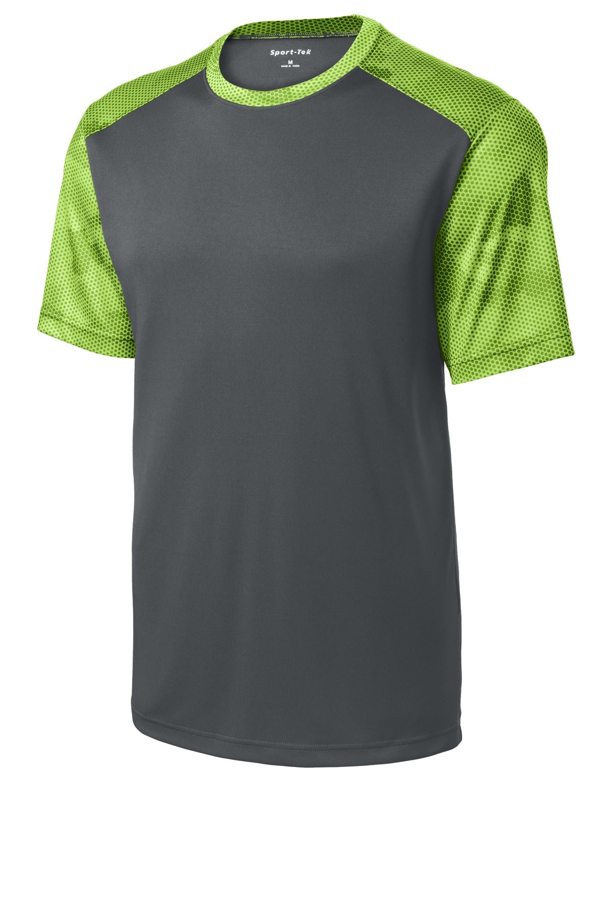 Front View of Iron Gry/LimeS Sport-Tek CamoHex Colorblock Tee. ST371