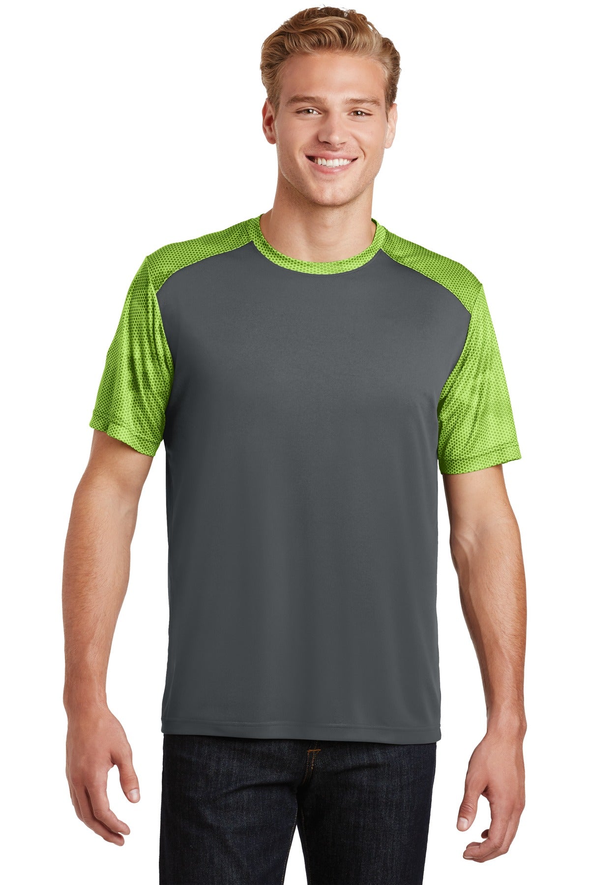 Front View of Iron Gry/LimeS Sport-Tek CamoHex Colorblock Tee. ST371