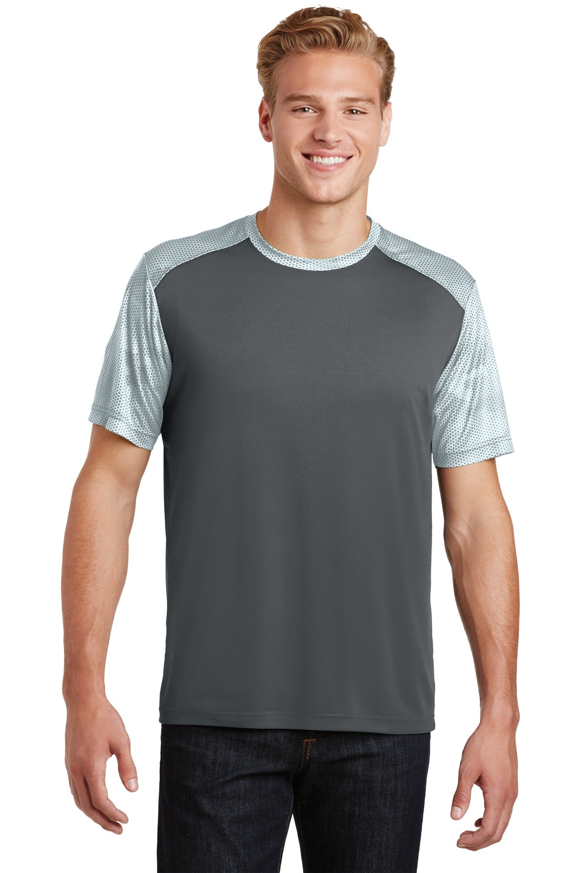 Front View of Iron Gry/White Sport-Tek CamoHex Colorblock Tee. ST371