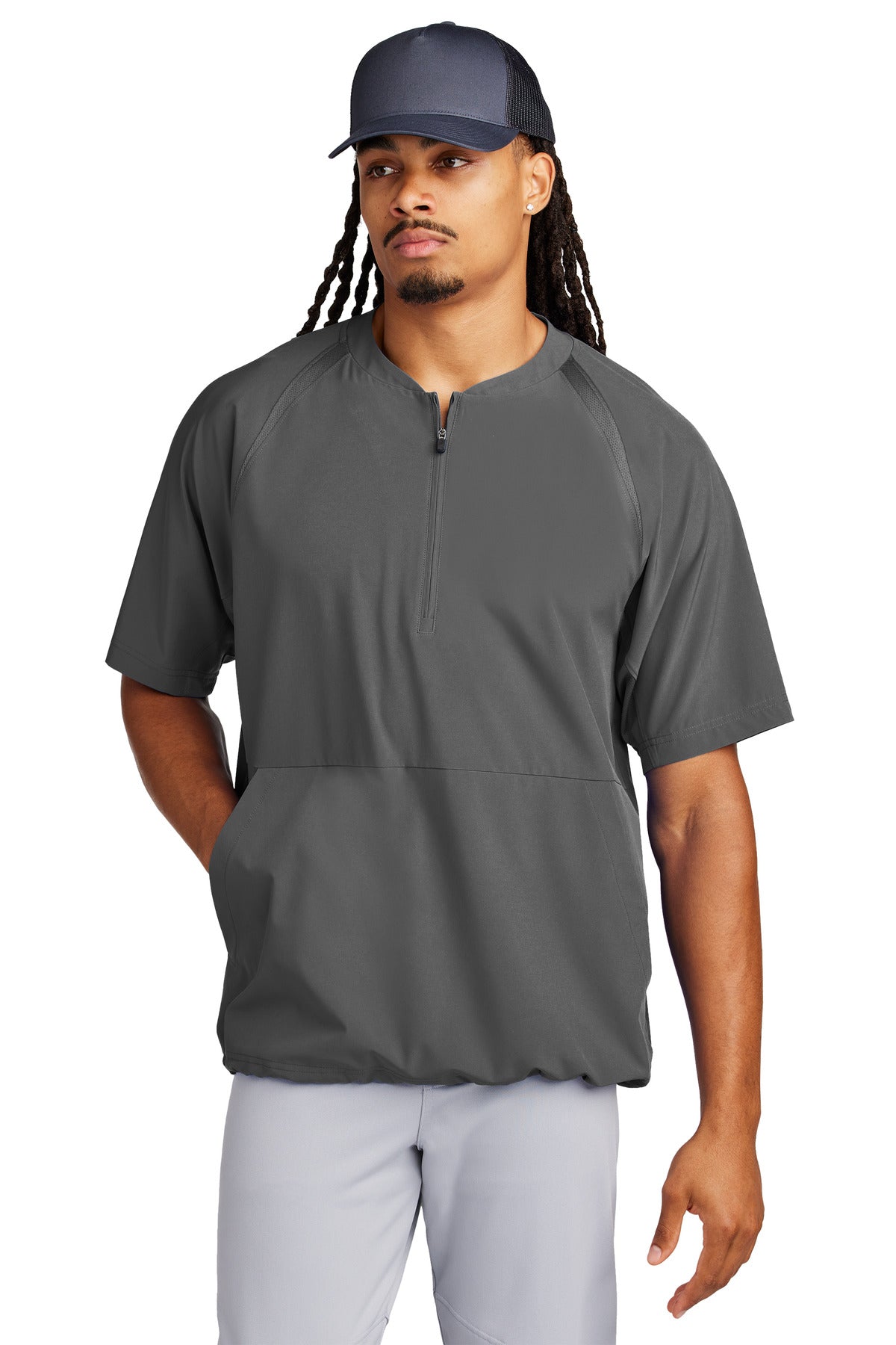 Front View of IronGrey Sport-Tek Repeat 1/2-Zip Short Sleeve Jacket JST489