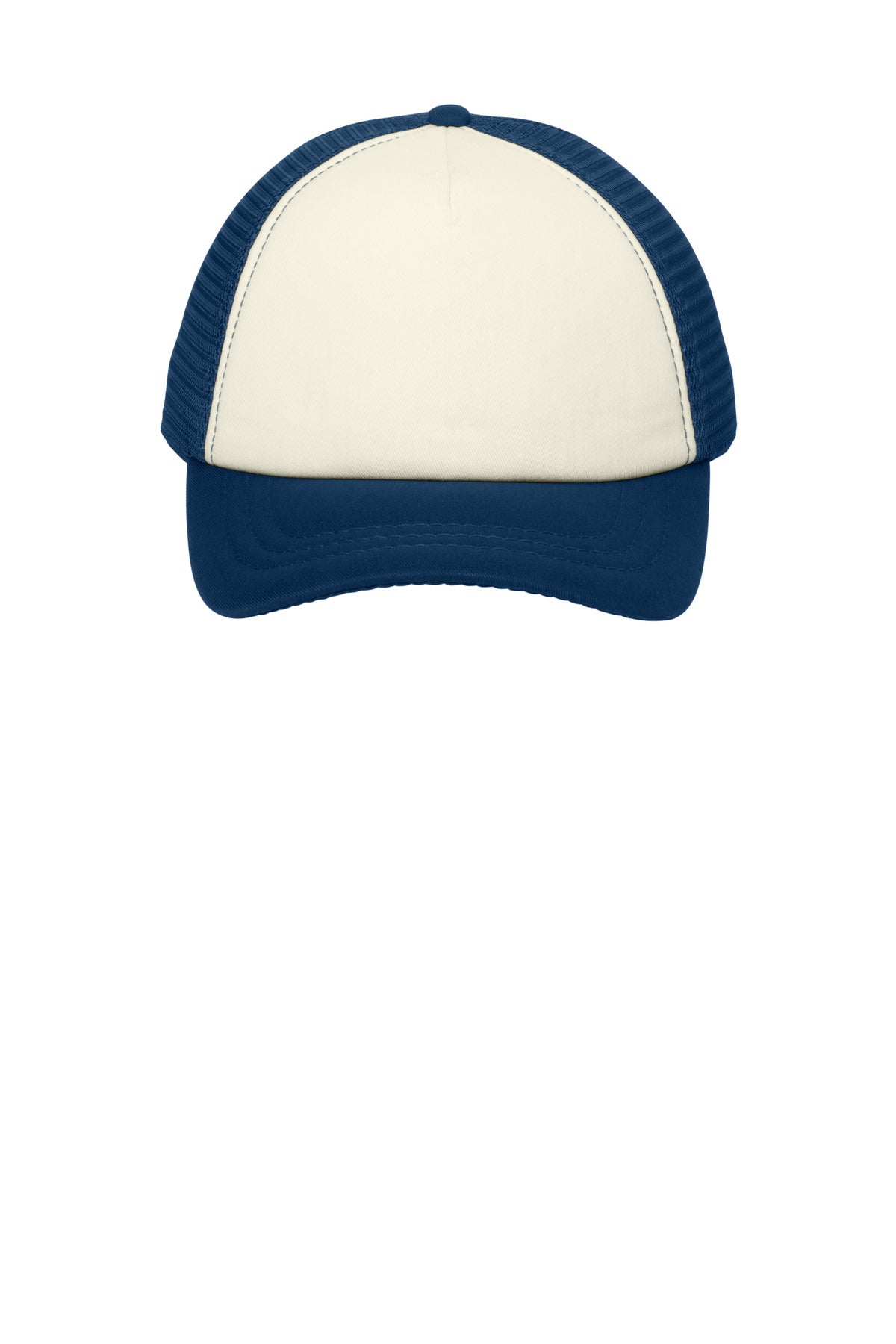 Front View of Ivory/Navy Port Authority 5-Panel Twill Foam Trucker Cap. C936