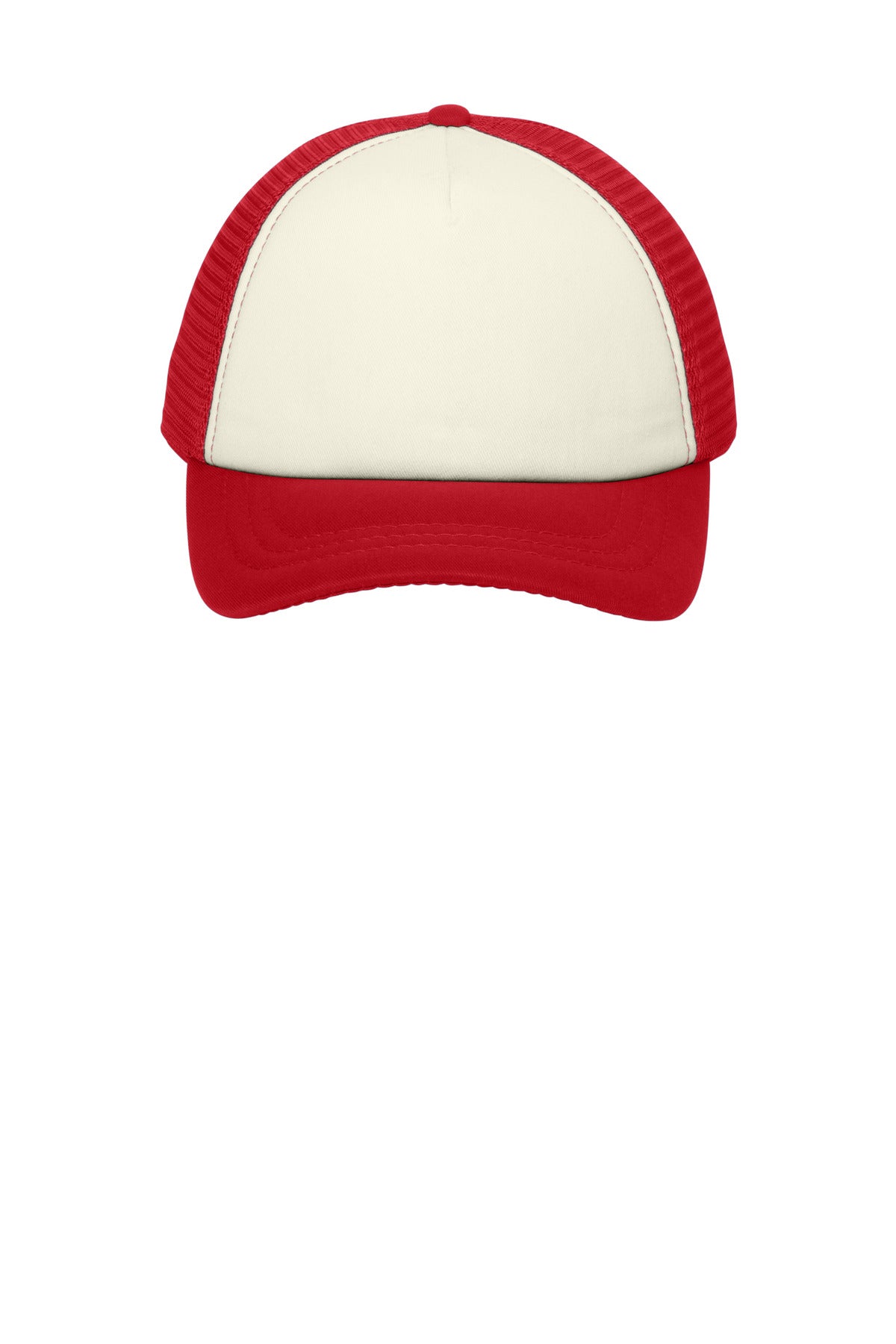 Front View of Ivory/Red Port Authority 5-Panel Twill Foam Trucker Cap. C936