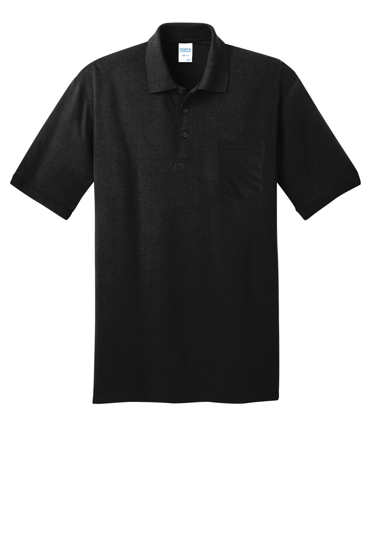 Front View of Jet Black Port & Company Core Blend Jersey Knit Pocket Polo. KP55P