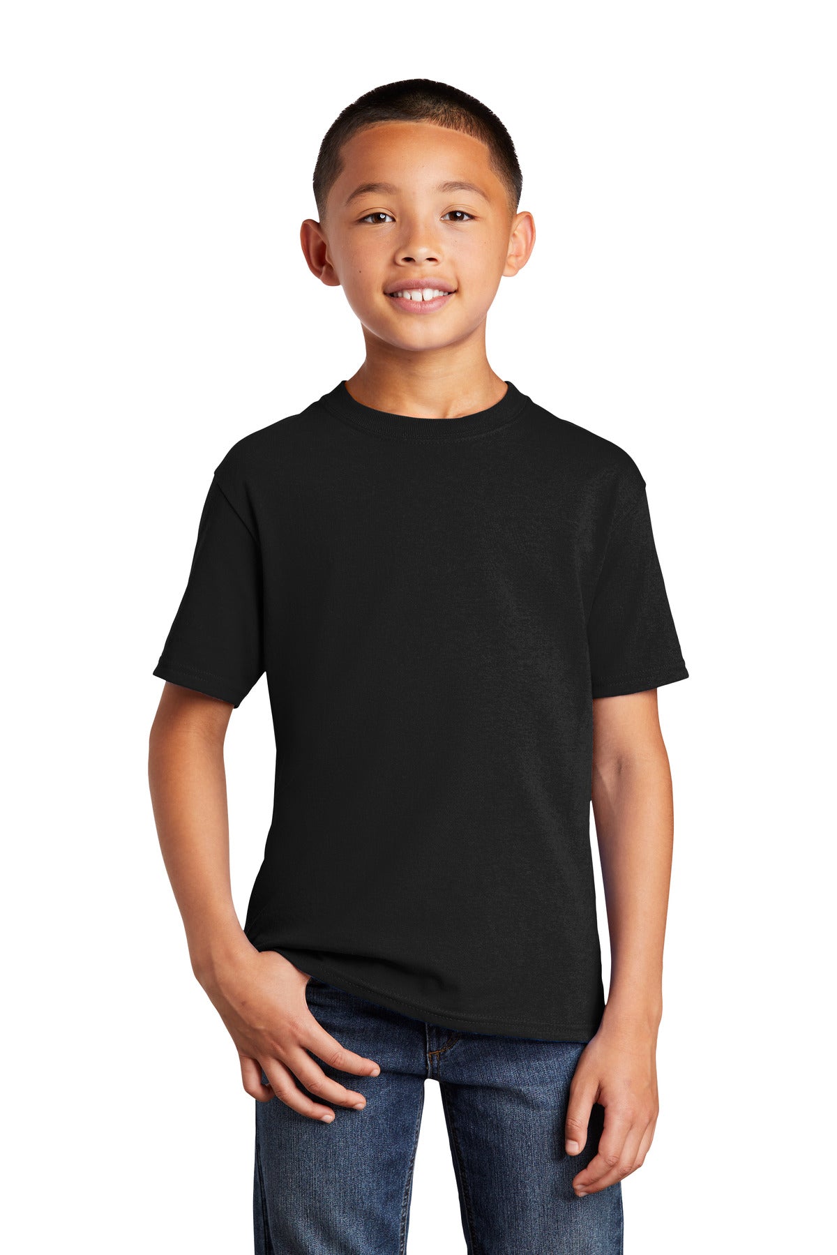 Front View of JetBlack Port & Company Youth Core Cotton DTG Tee PC54YDTG