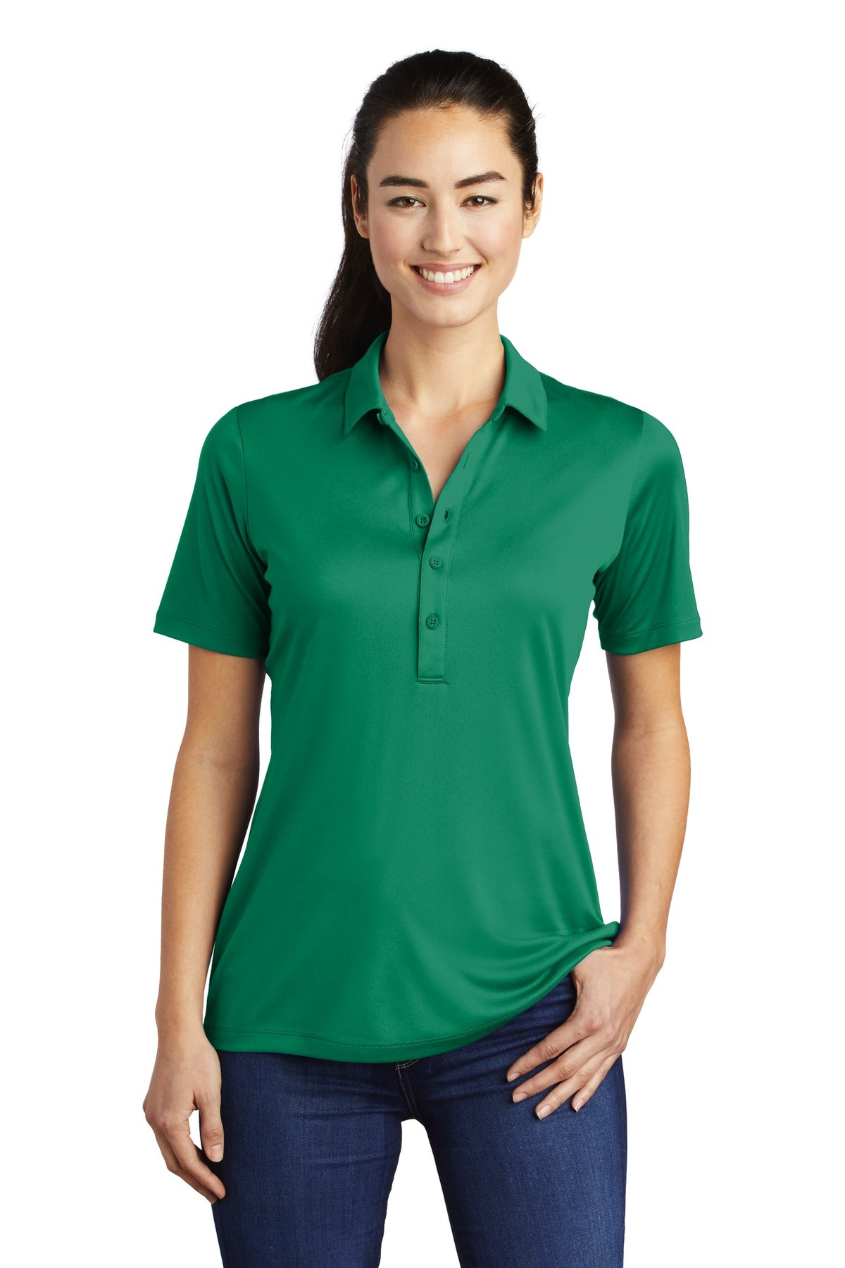 Front View of Kelly Green Sport-Tek Women's Posi-UV Pro Polo. LST520