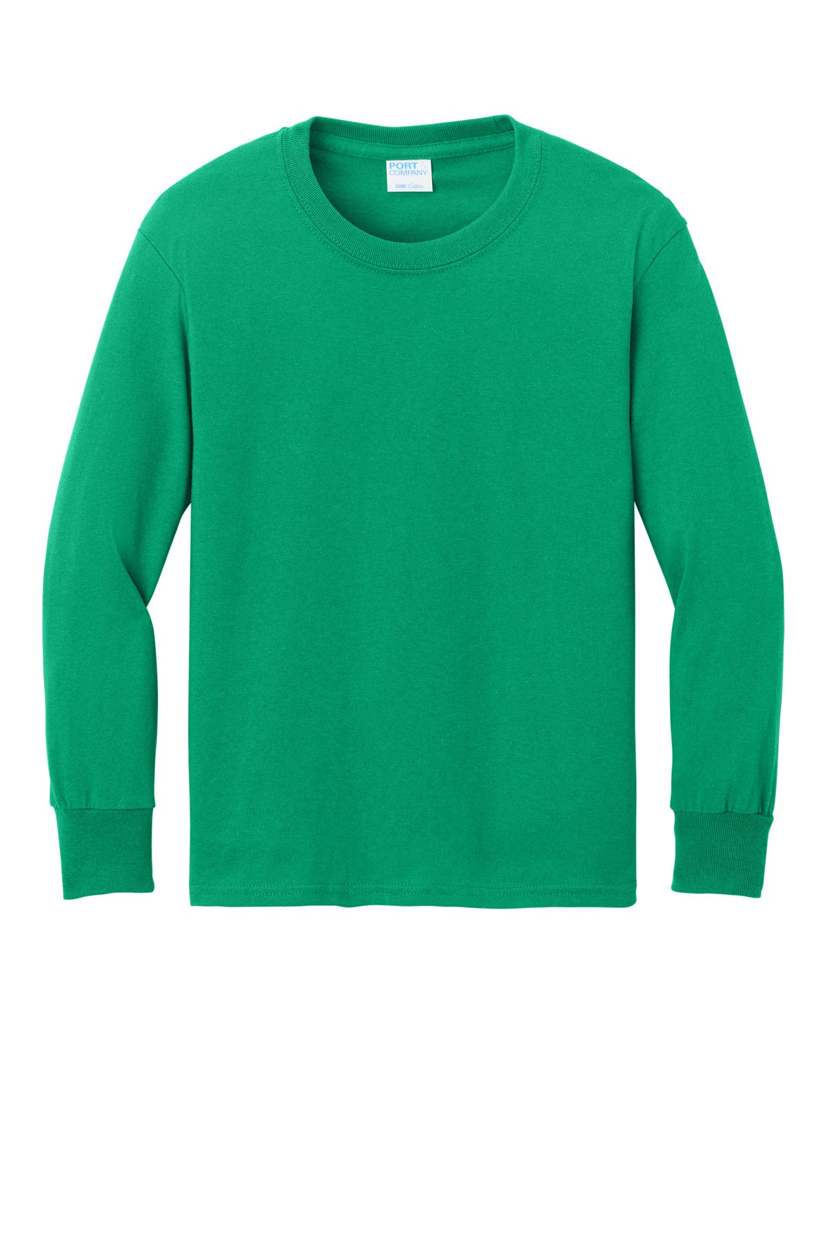 Front View of Kelly Port & Company Youth Long Sleeve Core Cotton Tee. PC54YLS