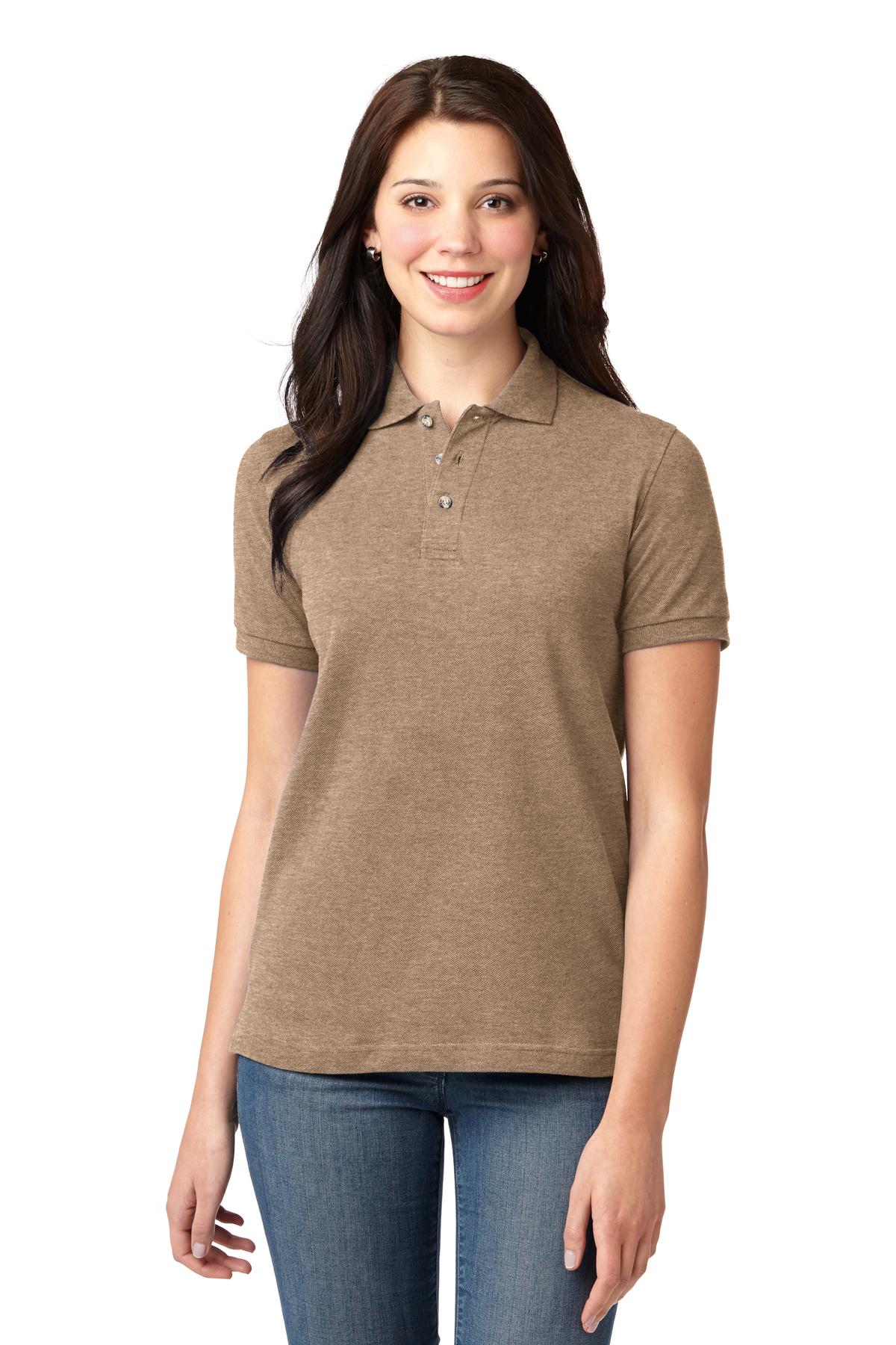 Front View of Khaki Heather Port Authority Women's Heavyweight Cotton Pique Polo. L420