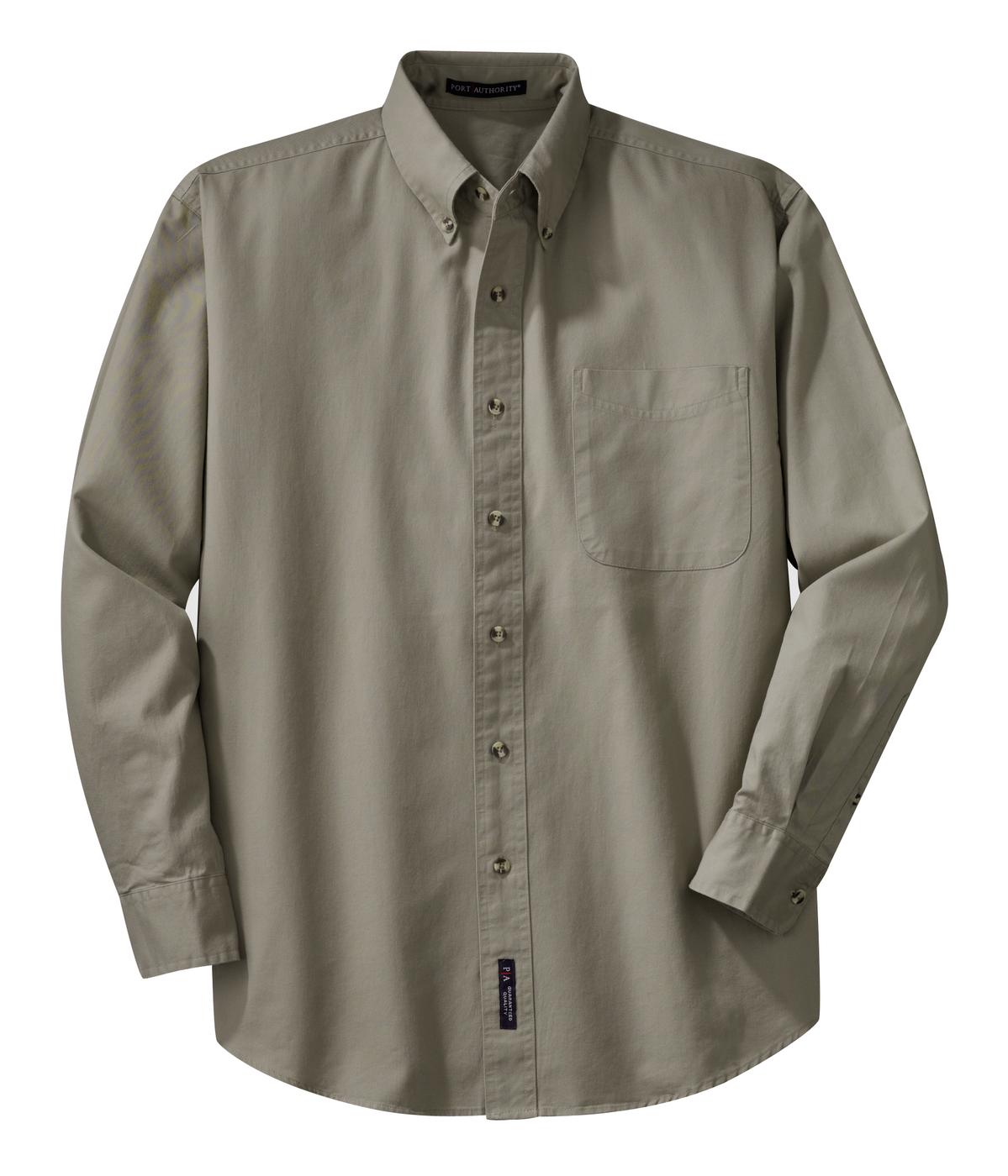 Front View of Khaki Port Authority Long Sleeve Twill Shirt. S600T