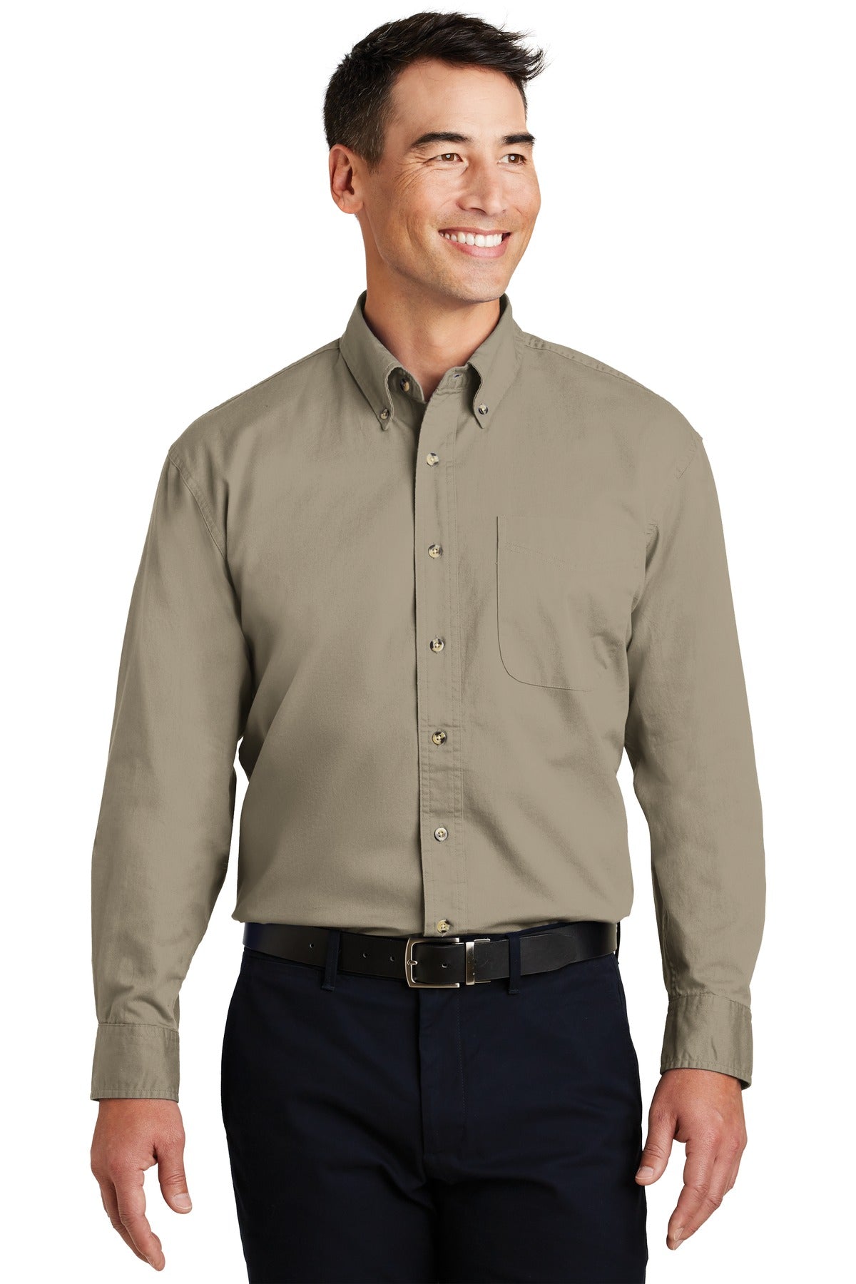 Front View of Khaki Port Authority Long Sleeve Twill Shirt. S600T