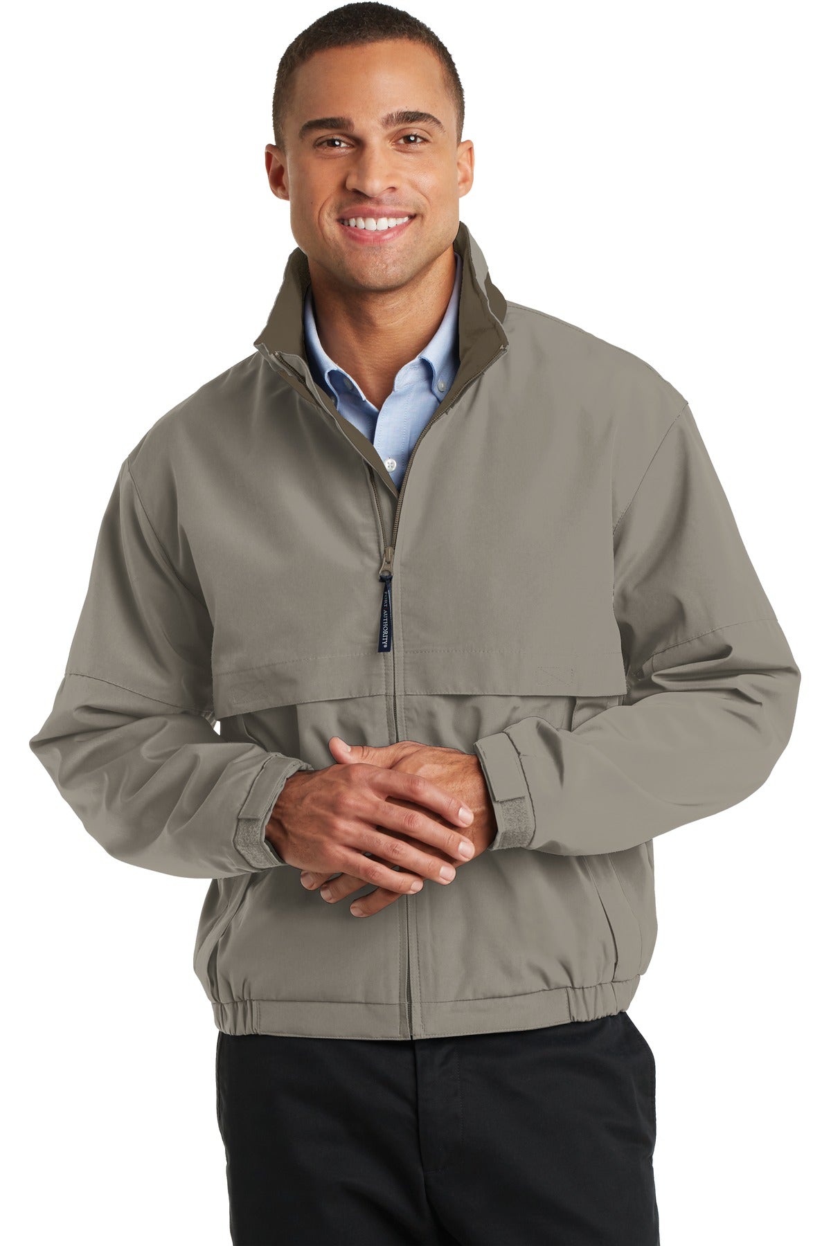 Front View of Khaki/Nutmeg Port Authority Legacy Jacket. J764