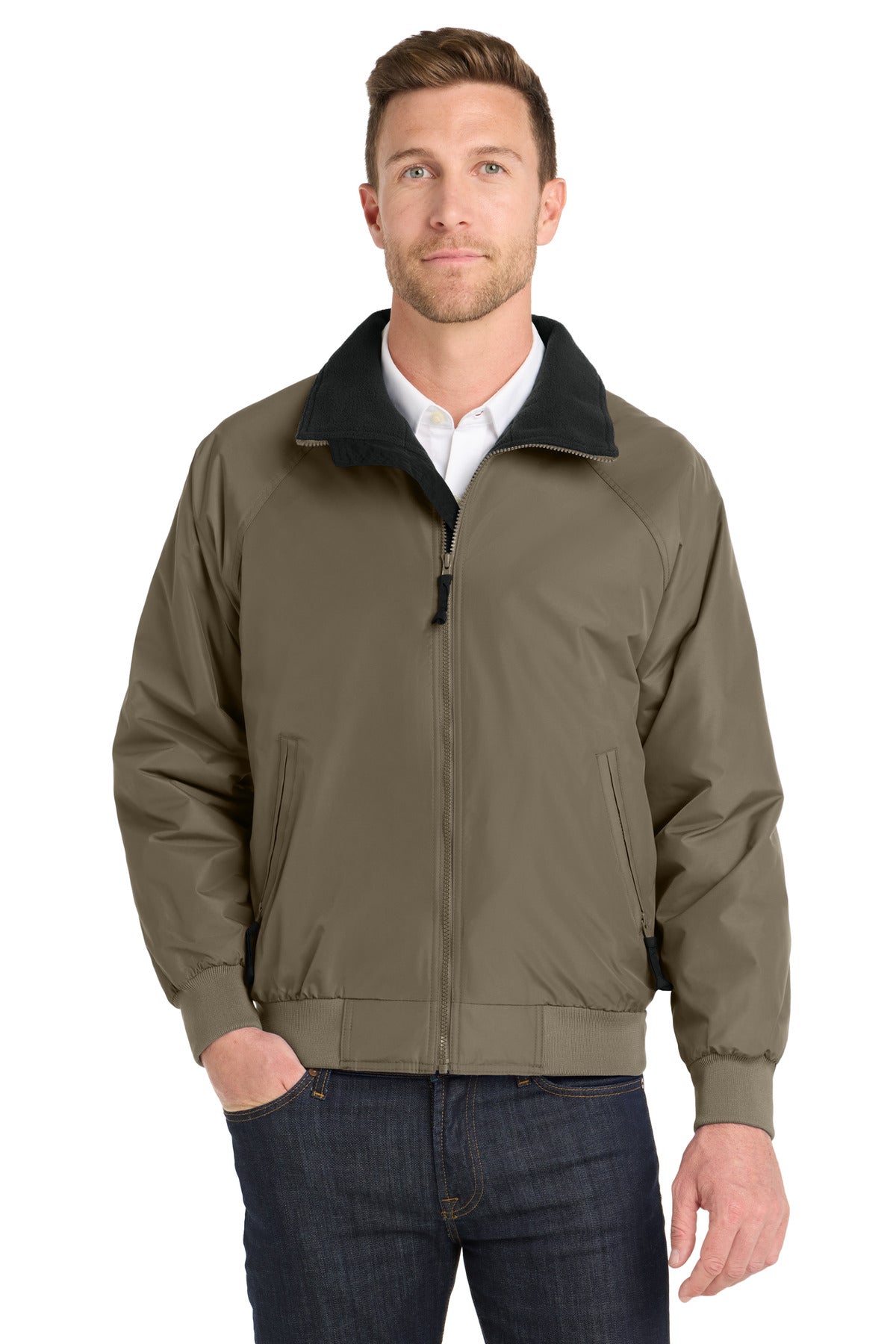 Front View of Khaki/True Blk Port Authority Challenger Jacket. J754