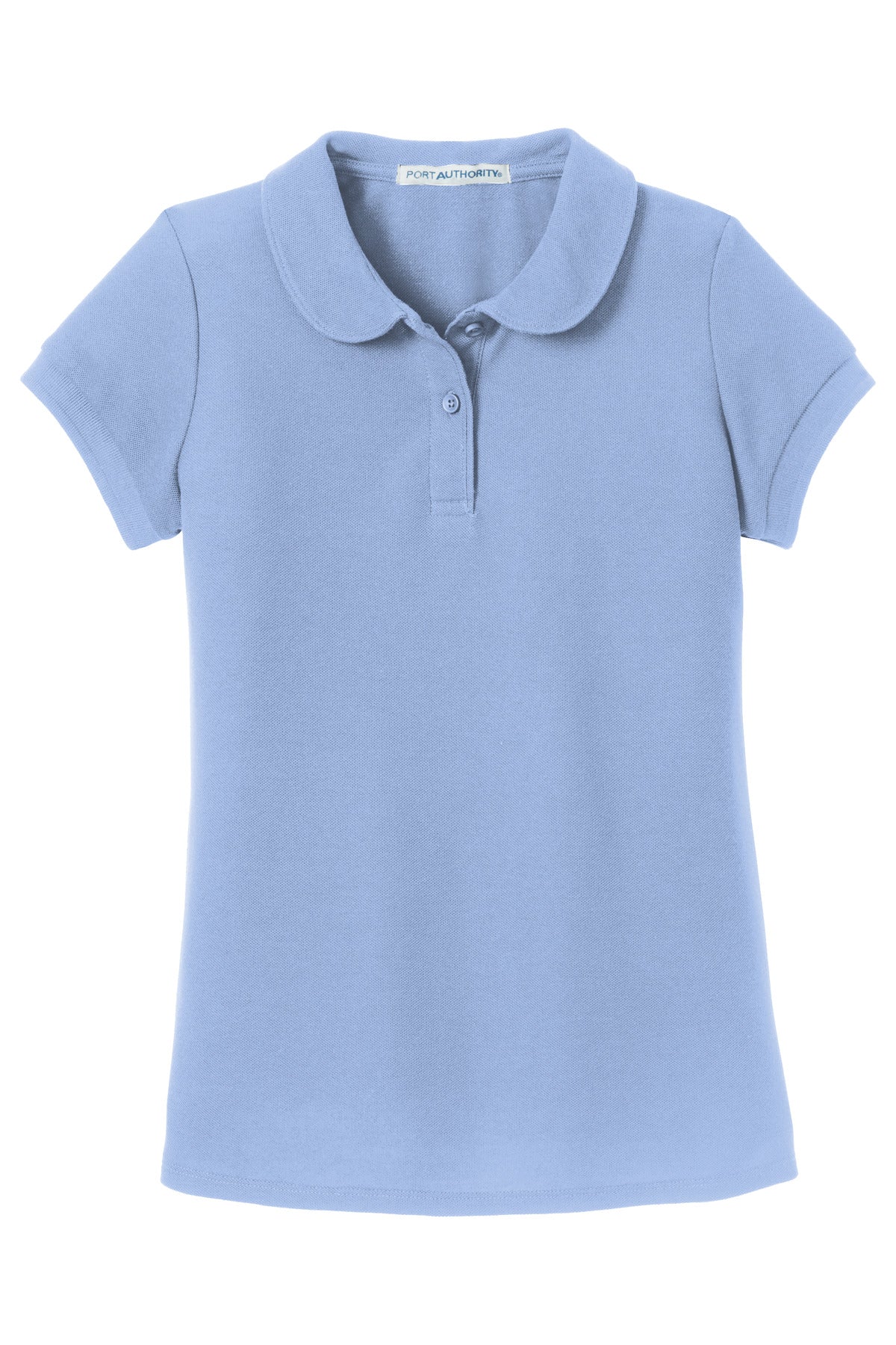 Front View of Light Blue Port Authority Girls Silk Touch Peter Pan Collar Polo. YG503