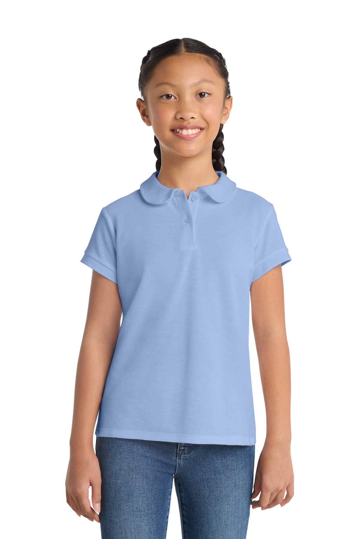 Front View of Light Blue Port Authority Girls Silk Touch Peter Pan Collar Polo. YG503