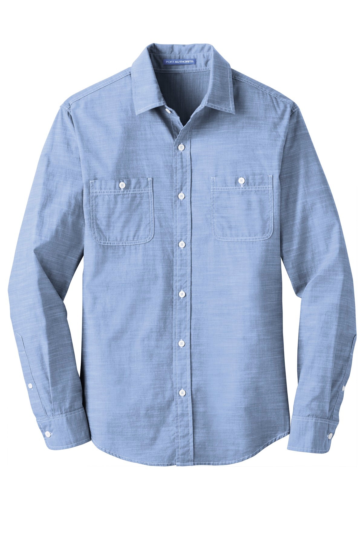Front View of Light Blue Port Authority Slub Chambray Shirt. W380