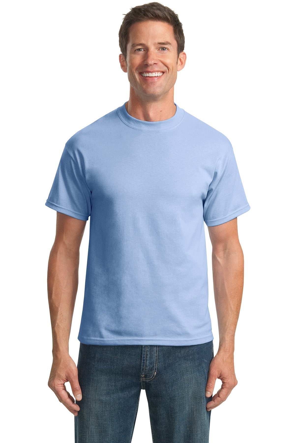 Front View of Light Blue Port & Company Tall Core Blend Tee. PC55T
