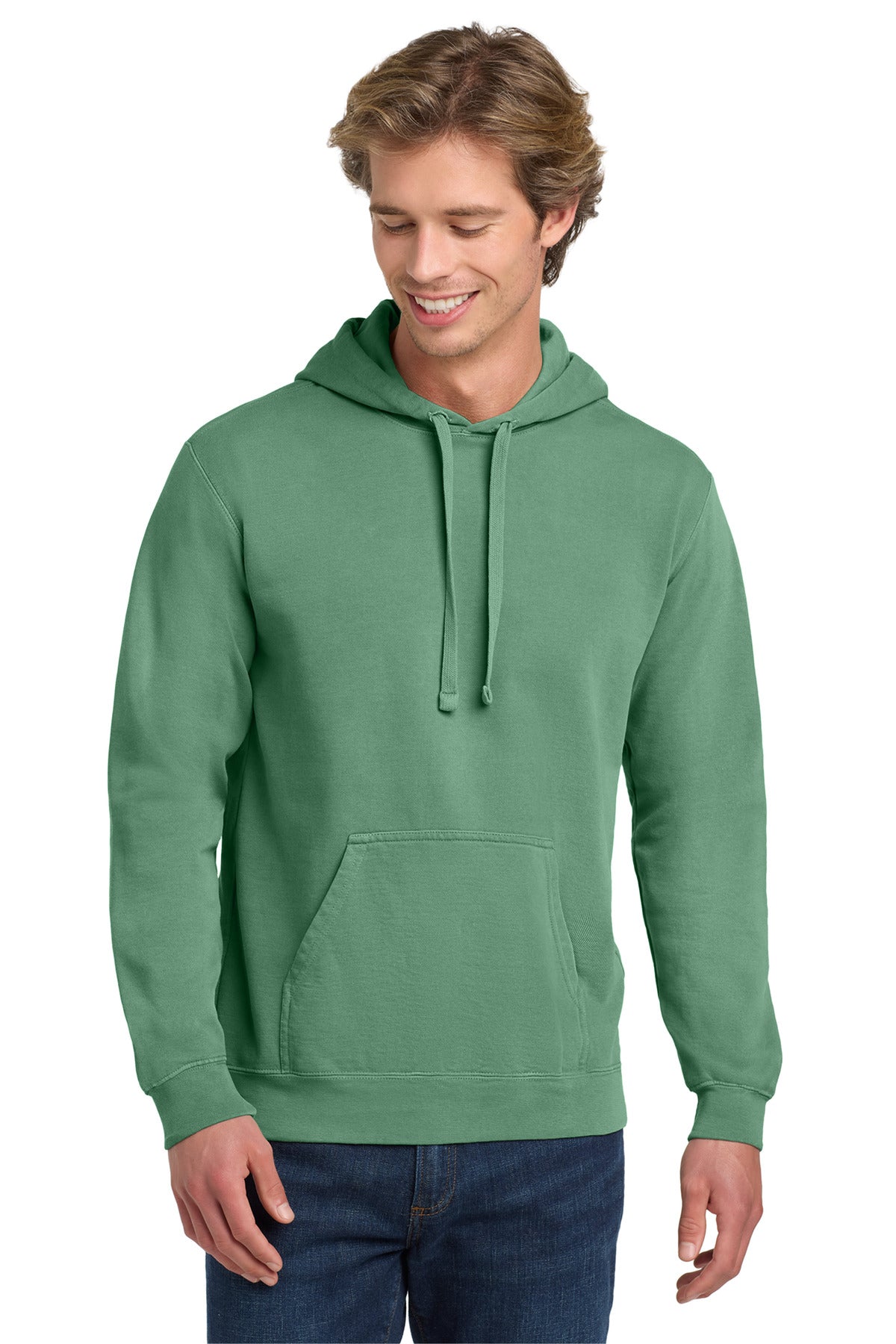 Front View of Light Green COMFORT COLORS Ring Spun Hooded Sweatshirt. 1567