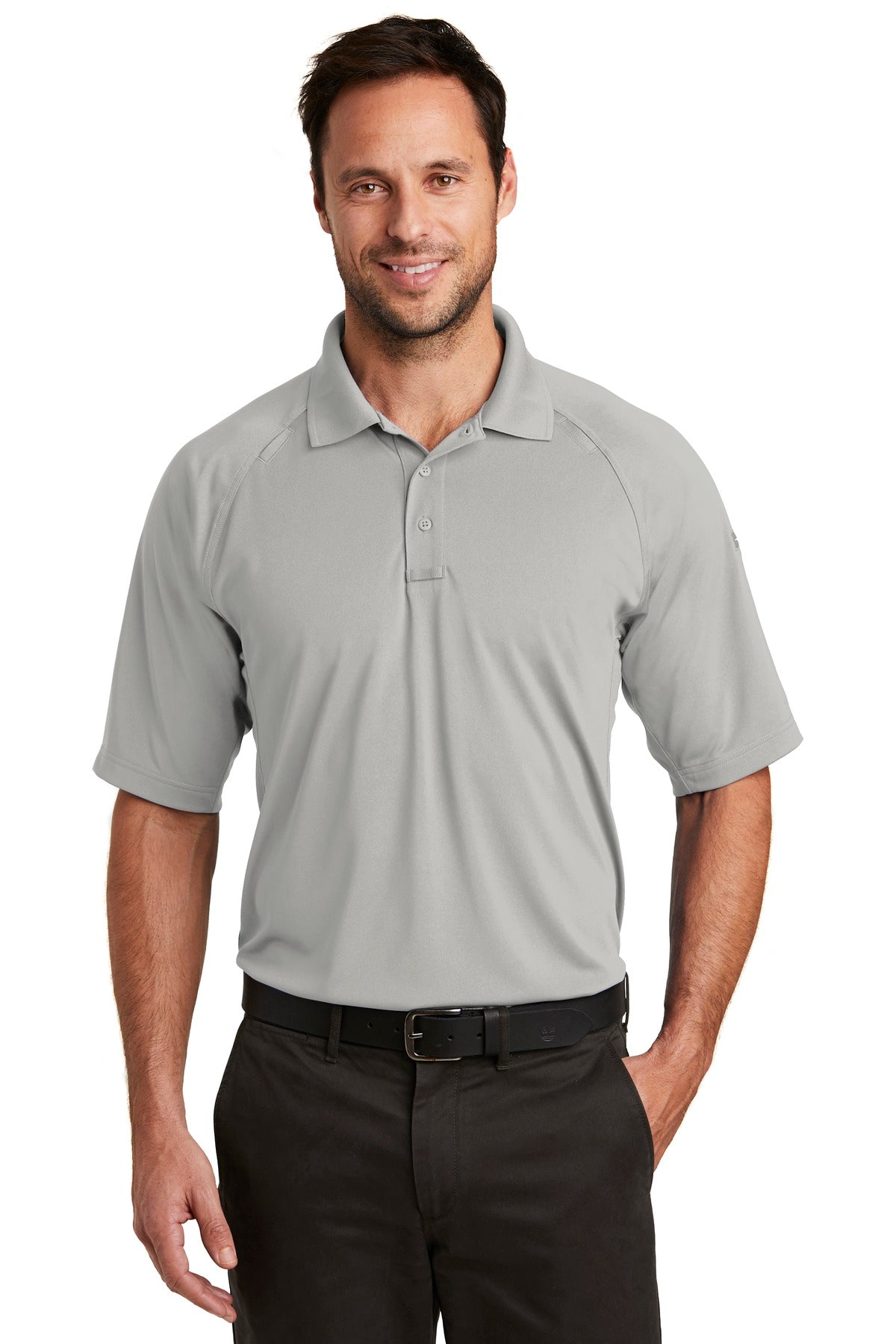 Front View of Light Grey CornerStone Select Lightweight Snag-Proof Tactical Polo. CS420