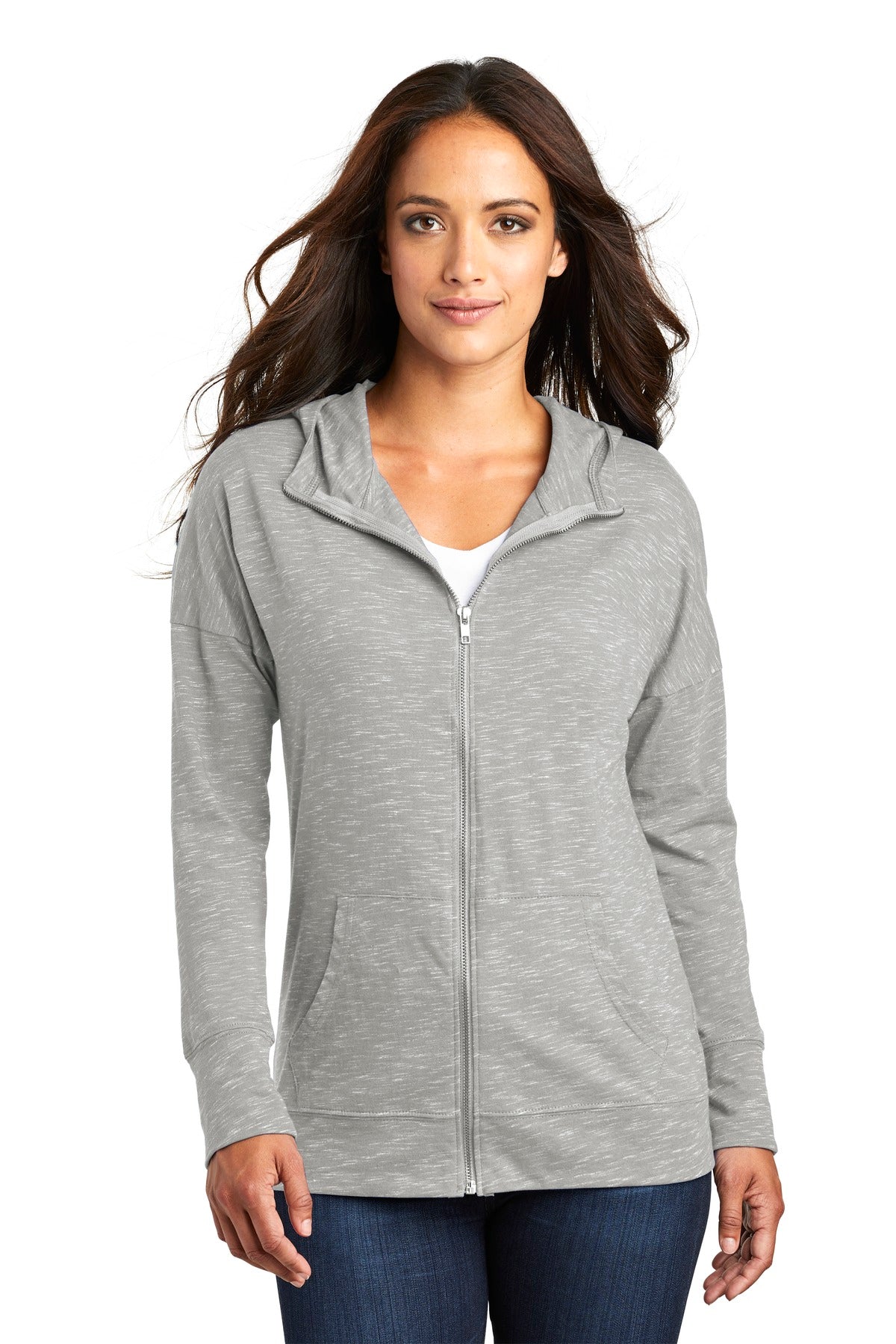 Front View of Light Grey District Women's Medal Full-Zip Hoodie. DT665