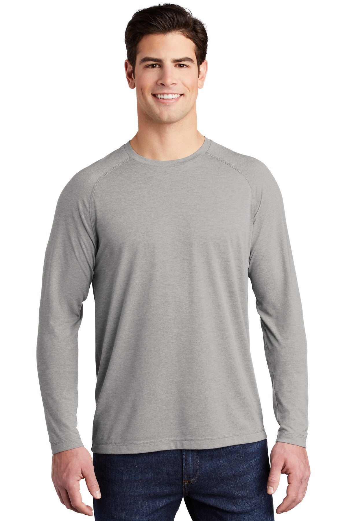 Front View of Light Grey Hth Sport-Tek PosiCharge Long Sleeve Tri-Blend Wicking Raglan Tee ST400LS