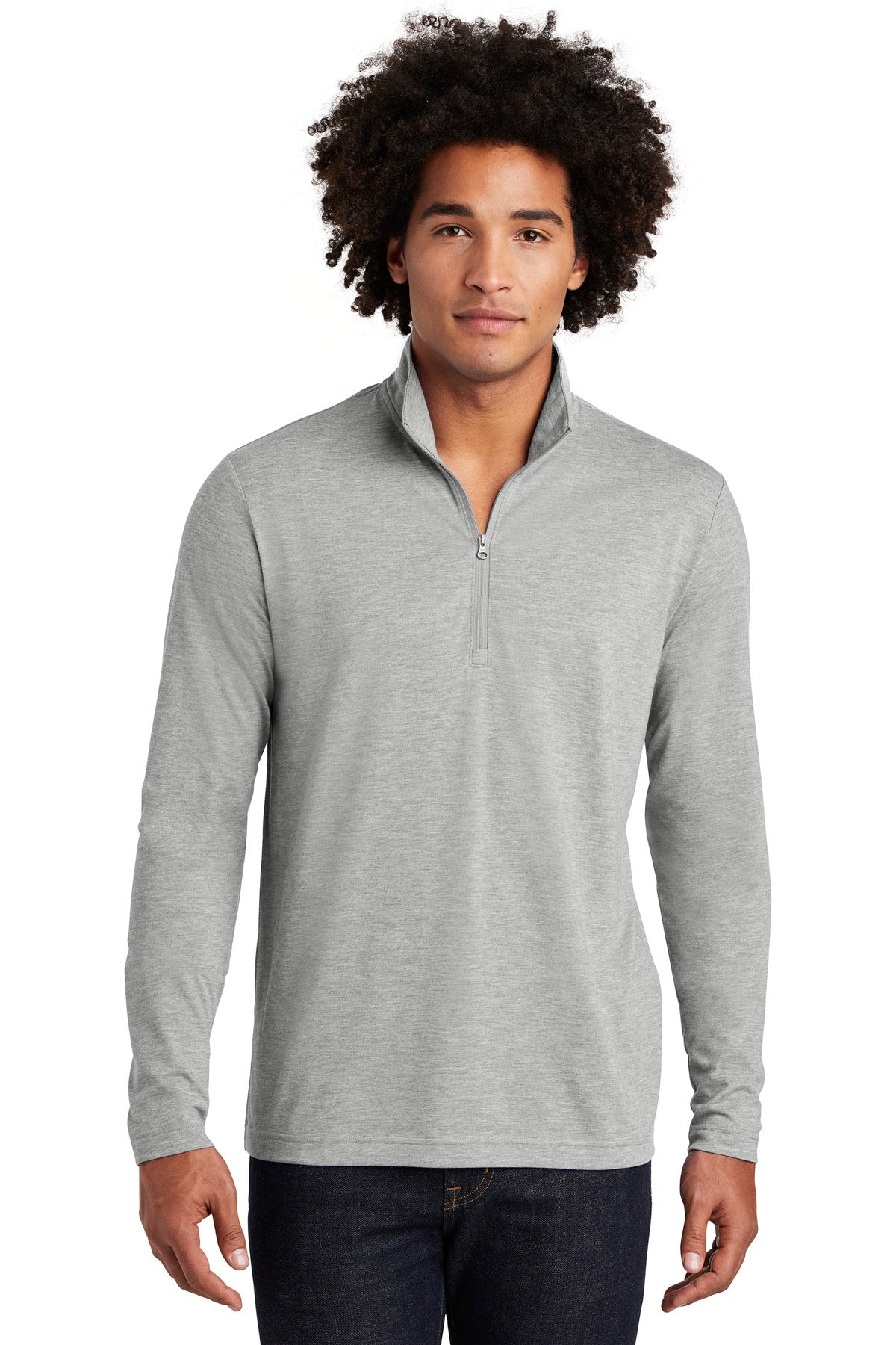 Front View of Light Grey Hth Sport-Tek PosiCharge Tri-Blend Wicking 1/4-Zip Pullover. ST407