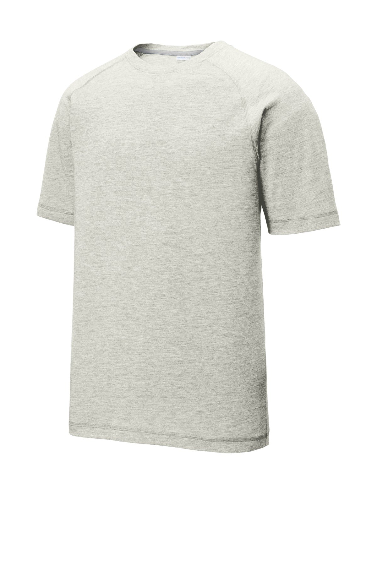 Front View of Light Grey Hth Sport-Tek PosiCharge Tri-Blend Wicking Raglan Tee. ST400